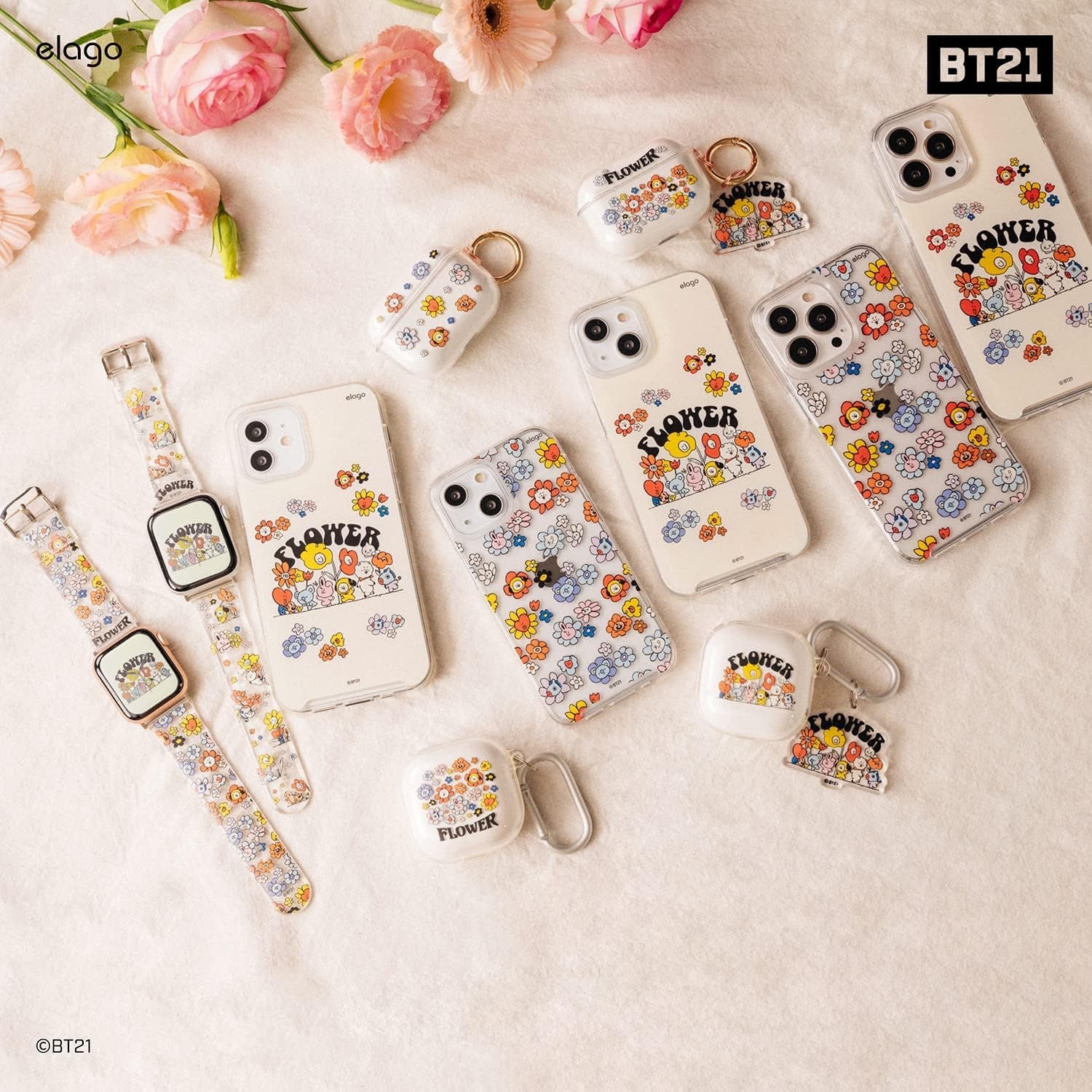 ElagoㅣBt21 FLOWER Band Compatible with Apple Watch Band 38Mm 40Mm 41Mm 42Mm 44Mm 45Mm 49Mm Compatible with Iwatch Series Ultra2/Ultra/Se/9/8/7/6/Se/5/4/3/2/1, Soft Protective Strap [Official Merchandise]
