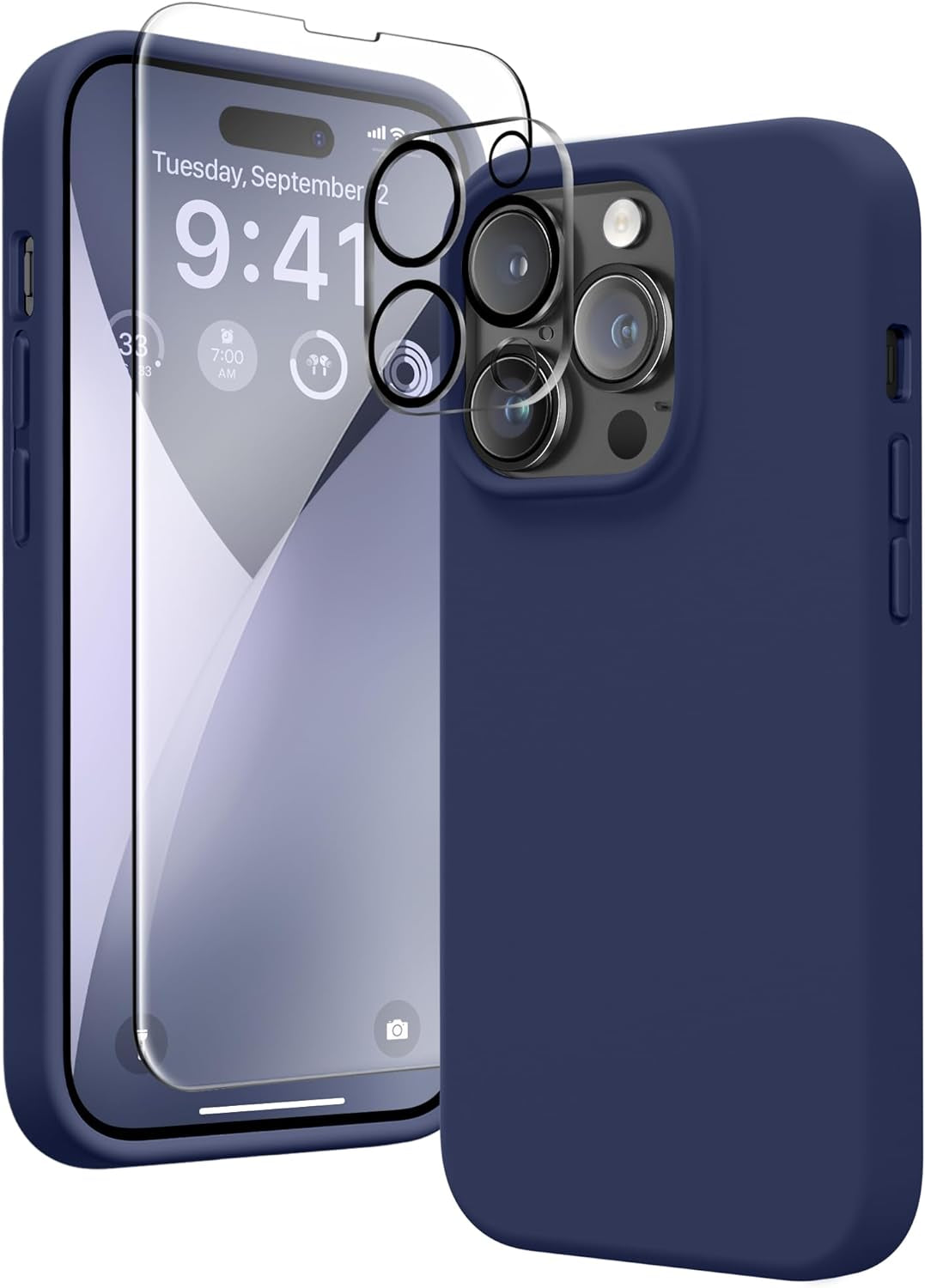 GONEZ for Iphone 14 Pro Case, with 2 Pack Screen Protector + 2 Pack Camera Lens Protector, Soft Anti-Scratch Microfiber Lining, Shockproof Protective Liquid Silicone Phone Cover 6.1'', Blue  GONEZ   