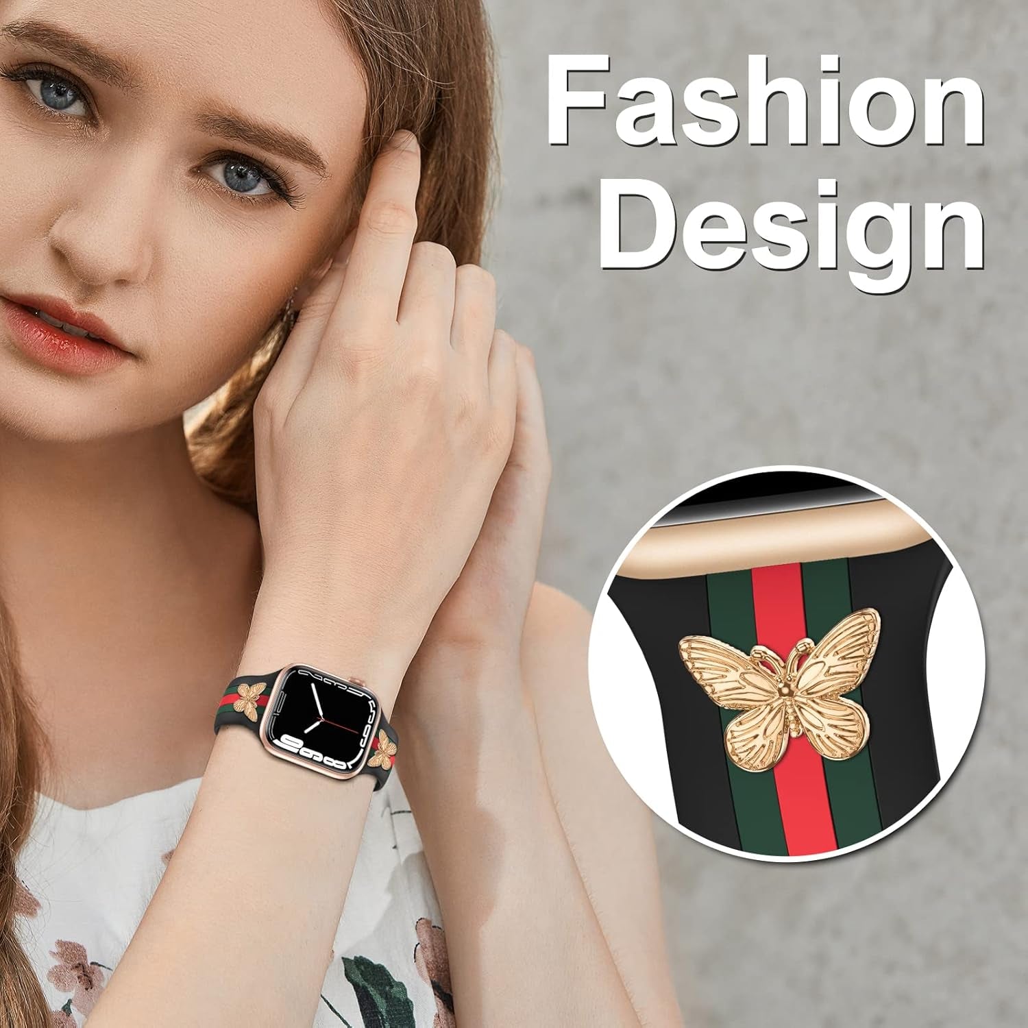 Designer Band with Charms Decor Compatible with Apple Watch Band 38Mm 40Mm 41Mm Women Men, Stylish Silicone Sport Wristbands for Iwatch Series 9 8 7 6 5 4 3 2 1 SE Ultra