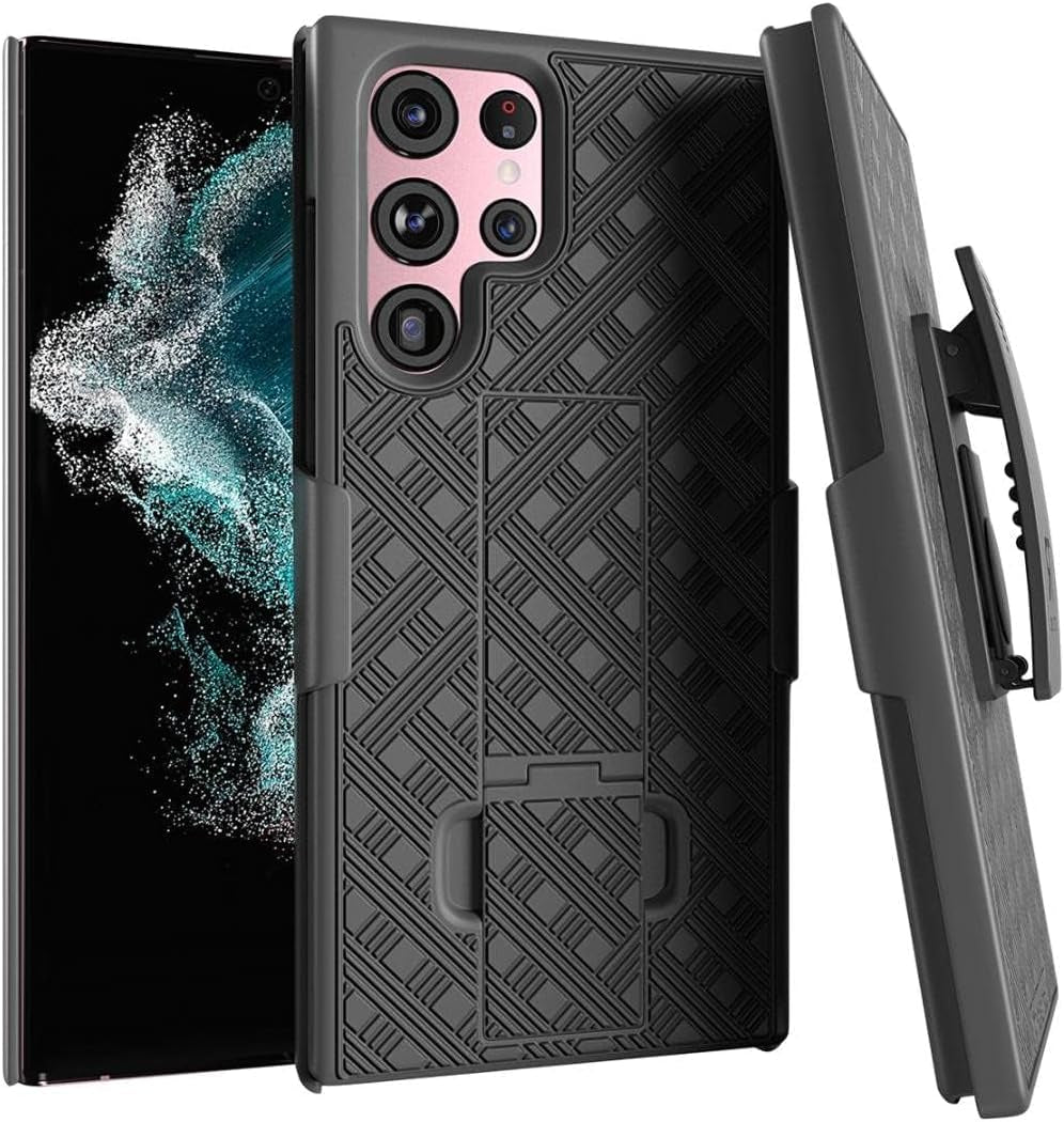 For Samsung Galaxy S22 Case with Belt Clip Holster, Kickstand Slim Cover Phone Case for Galaxy S22 - Black