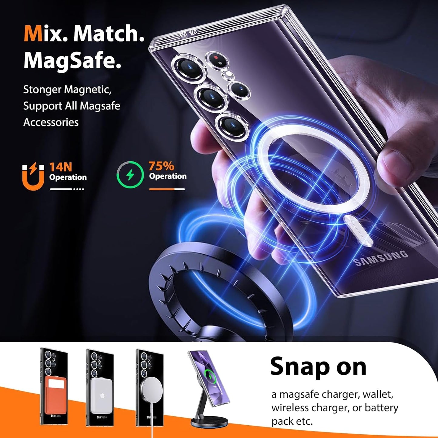3 in 1 Magnetic for Samsung Galaxy S24 Ultra Case Crystal Clear [Compatible with Magsafe][No-Yellowing][2X Screen Protectors] Mil-Grade Shockproof Soft Phone Case for S24 Ultra 6.8" Clear