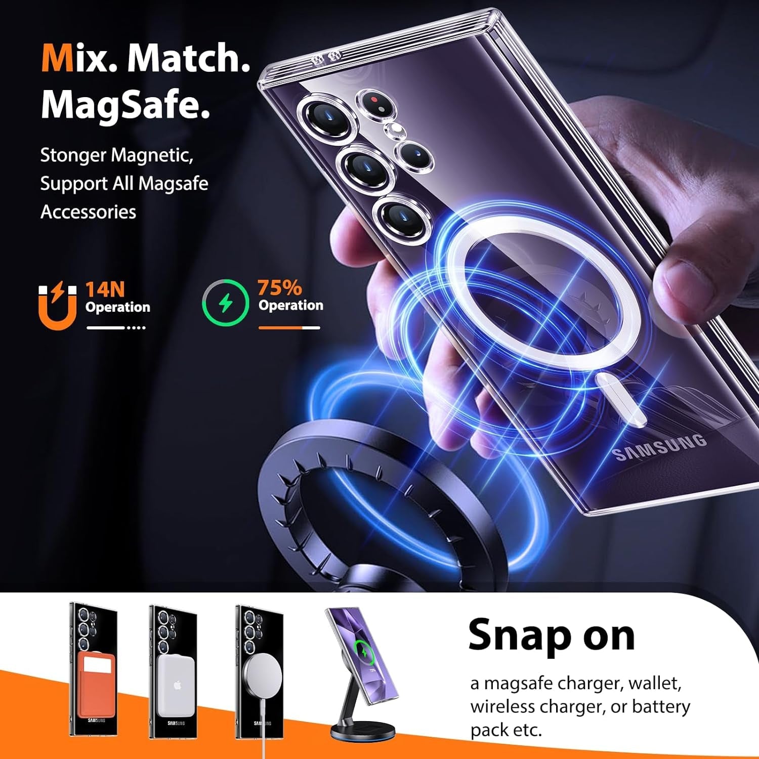 3 in 1 Magnetic for Samsung Galaxy S24 Ultra Case Crystal Clear [Compatible with Magsafe][No-Yellowing][2X Screen Protectors] Mil-Grade Shockproof Soft Phone Case for S24 Ultra 6.8" Clear