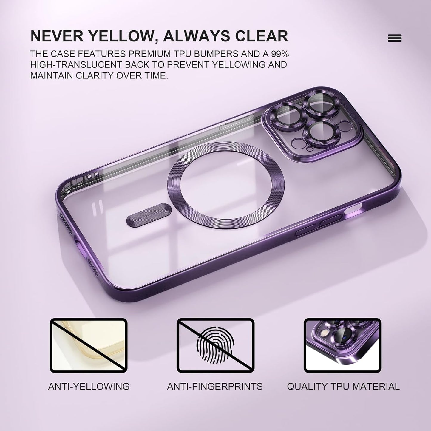 Misea Magnetic Clear Case for Iphone 14 Pro Max Case [Compatible with Magsafe] [Never Yellowing] [Military Grade Drop Protection] Full Camera Lens Protector Luxury Plating Soft Phone Case, Purple  Misea   