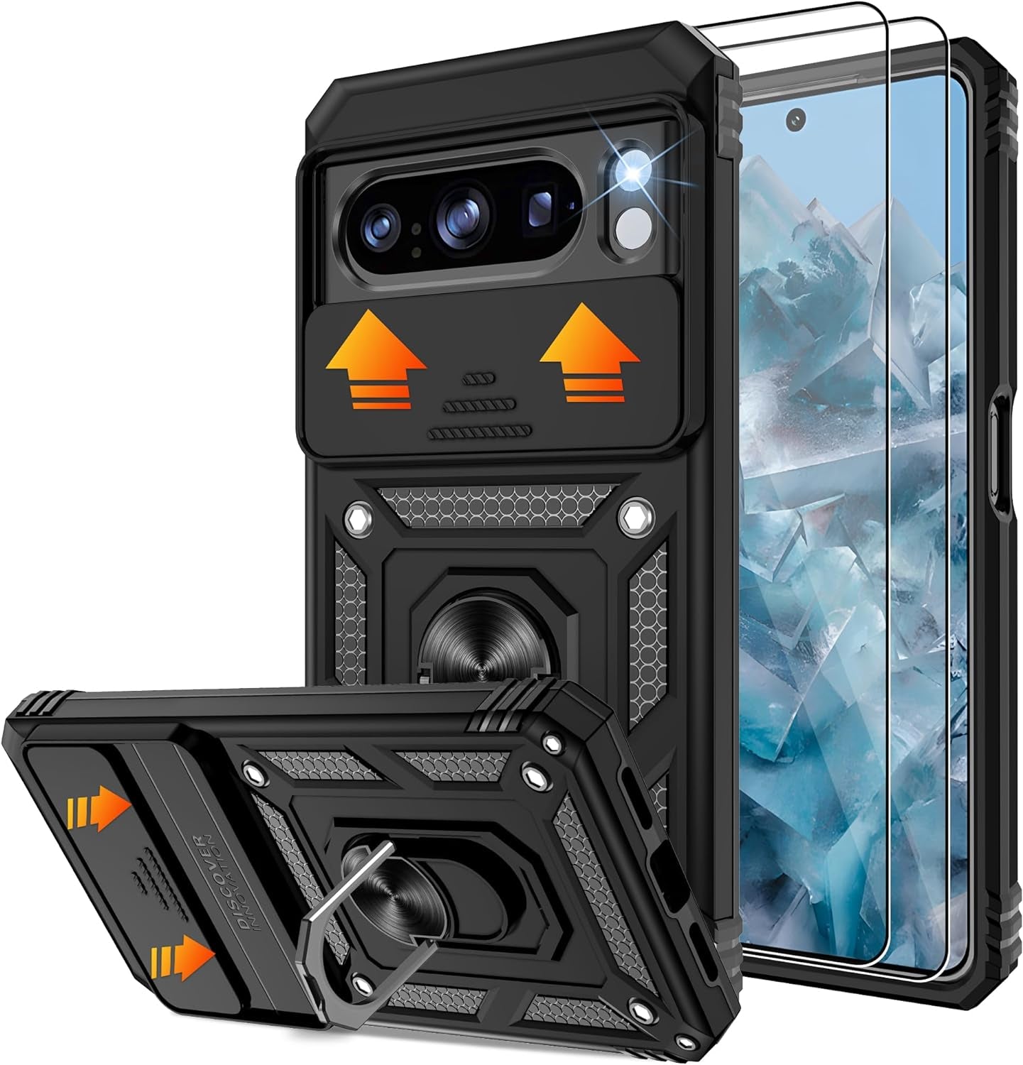 Fit for Google Pixel 8 5G Case with Screen Protector (2 Pack) & Slide Camera Cover, Build in 360° Magnetic Rotating Ring Kickstand [Military Grade] Protective Case for Pixel 8 Case, Green  Gritup Black Google Pixel 8 Pro 6.7" 