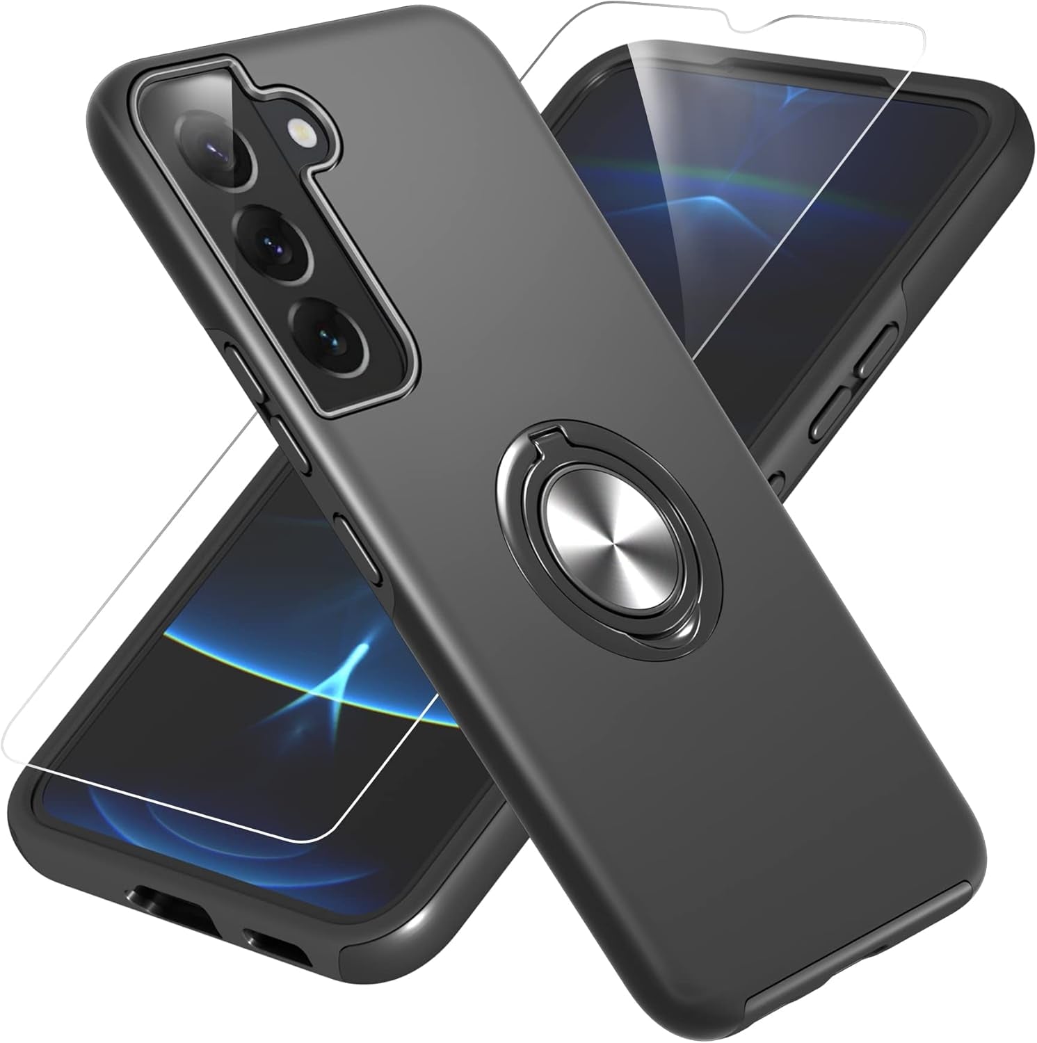 Gritup Galaxy S22 Case, Samsung Galaxy S22 Case with HD Screen Protector, [Military Grade] Shockproof Protection Case with 360° Magnetic Ring Holder Kickstand Phone Case for Samsung S22, Blue