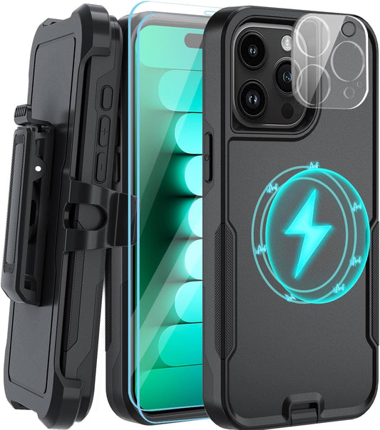 Muitq Magnetic for Iphone 15 Pro Max Case,[Compatible with Magsafe][Belt Clip Holster],With 2X Glass Screen Protecto+1X Lens Protecto,Phone Cover for Apple Iphone 15 Pro Max 6.7 Inch - Black  MUITQ   