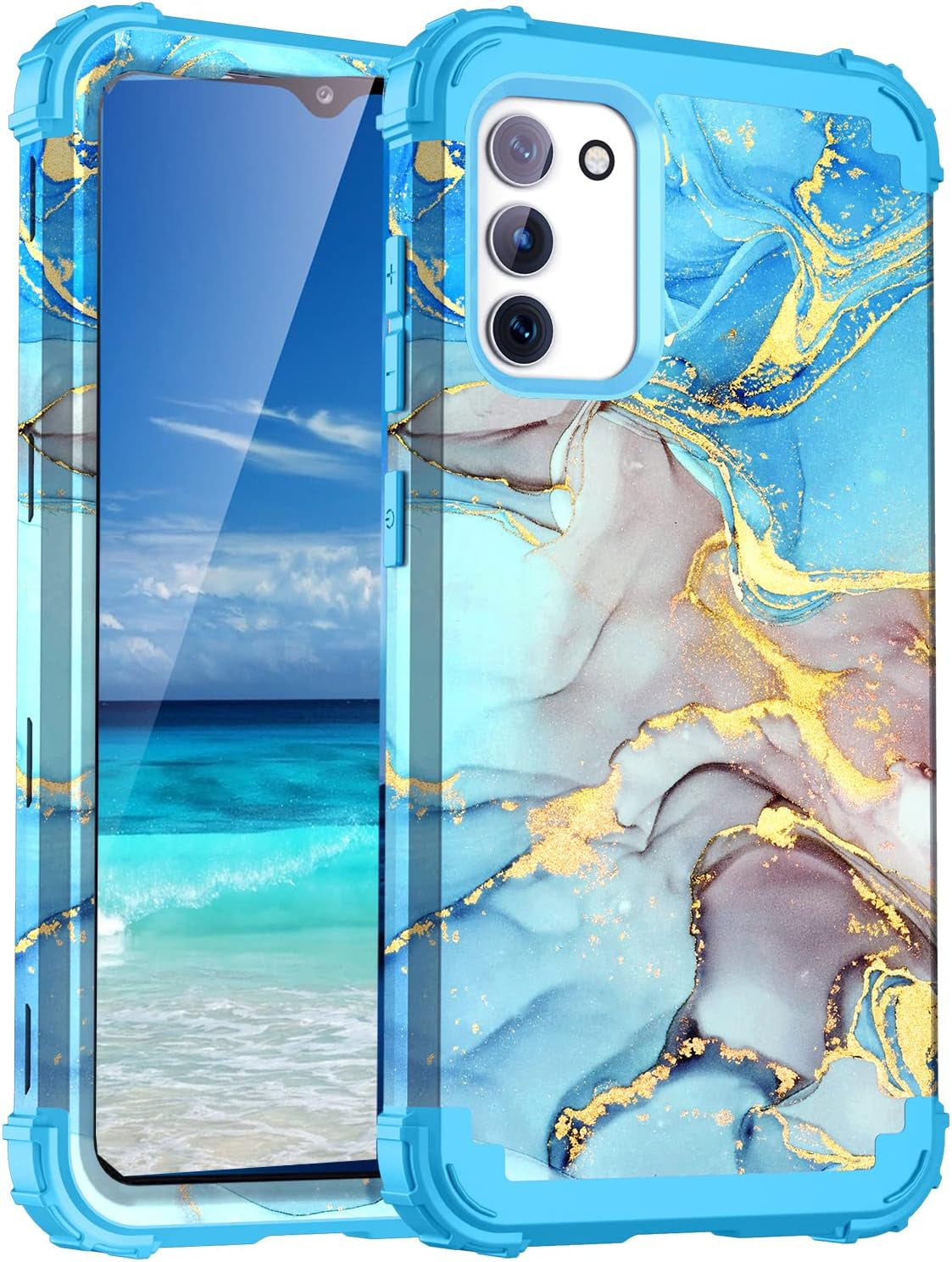 For Galacy S20 FE 5G Case,Marble Design Three Layer Heavy Duty Shockproof Protection Hard Plastic Bumper Soft Silicone Rubber Drop Protective Cover Case for Galaxy S20 FE 6.5 Inch,(Blue)