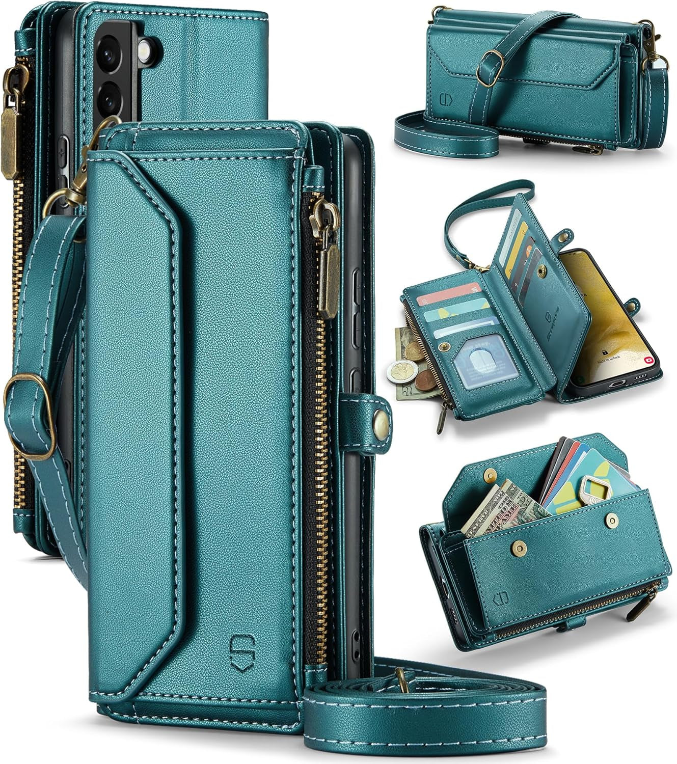 Crossbody for Samsung Galaxy S22 plus Case Wallet【Rfid Blocking】 with 10-Card Holder Zipper Bills Slot, PU Leather Magnetic Shoulder Strap for Galaxy S22 plus 5G Phone Case for Women,Black