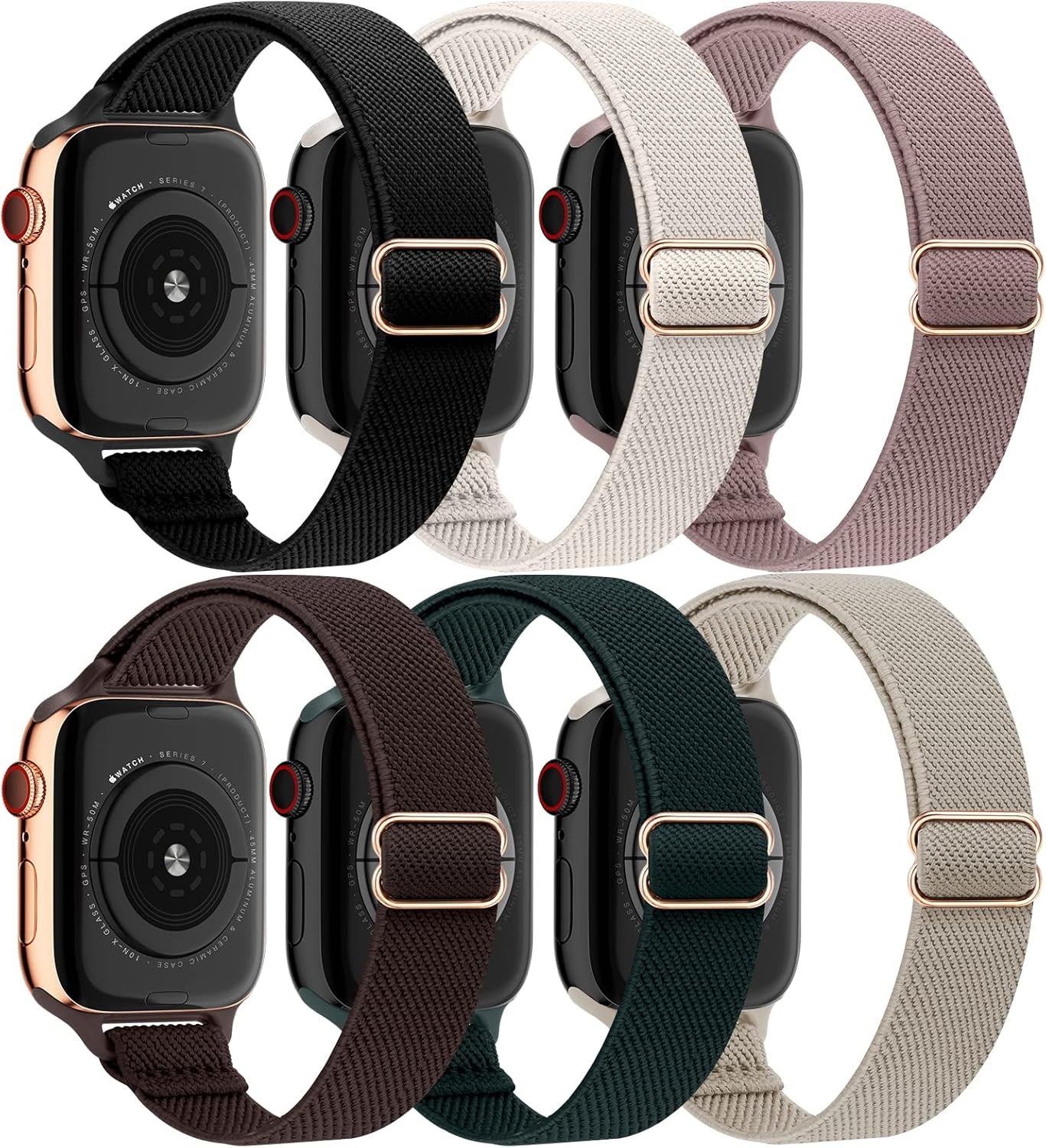 EOMTAM 6 Pack Slim Stretchy Compatible for Apple Watch Band 38Mm 40Mm 41Mm 42Mm 44Mm 45Mm Women,Lady Nylon Thin Elastics Wristbands Solo Loop Straps for Iwatch Series 8 7 6 SE 5 4 3