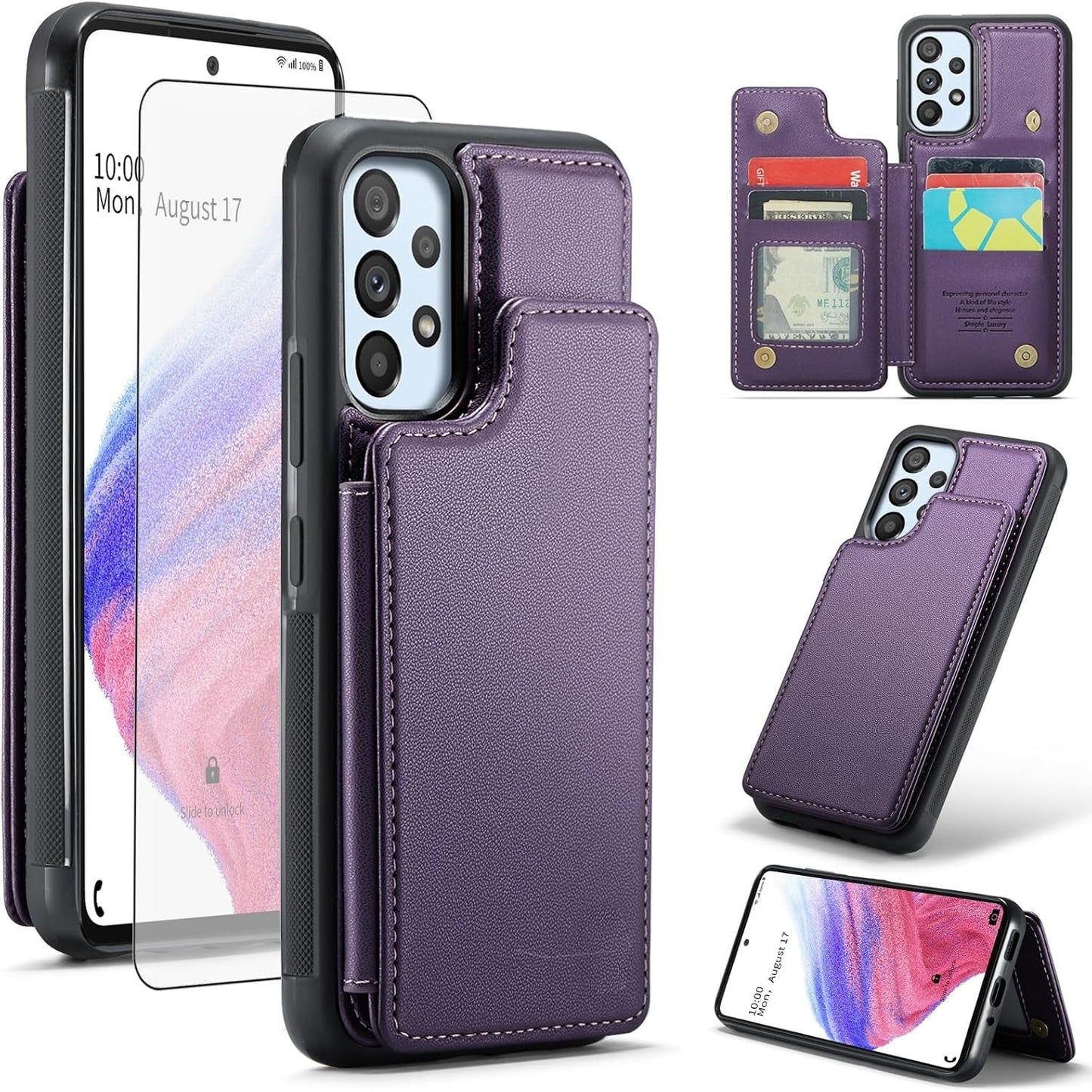 Asuwish Phone Case for Samsung Galaxy A53 5G Wallet Cover with Screen Protector and RFID Blocking PU Leather Credit Card Holder Stand Cell Accessories a 53 G5 53A SM A536U 6.5" 2022 Women Men Purple