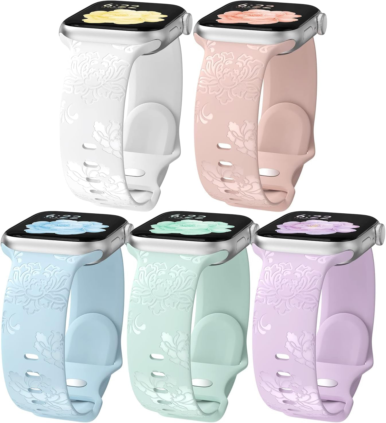 5 Pack Flower Engraved Silicone Band Compatible with Apple Watch Band 42Mm 44Mm 45Mm 47Mm, Elegant Peony Fancy Designer Sport Women Band Replacement for Iwatch Series 8 7 6 5 4 3 2 1 SE