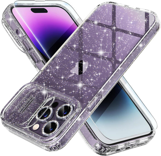 Choiche for Iphone 14 Pro Max Case Cute, Women Clear Glitter Bling Sparkly Case, [Slide Camera Cover & 3 Diamond Camera Lens Protectors] [2 Tempered Glass Screen Protectors] 6.7-Inch (Glitter Clear)  Choiche   
