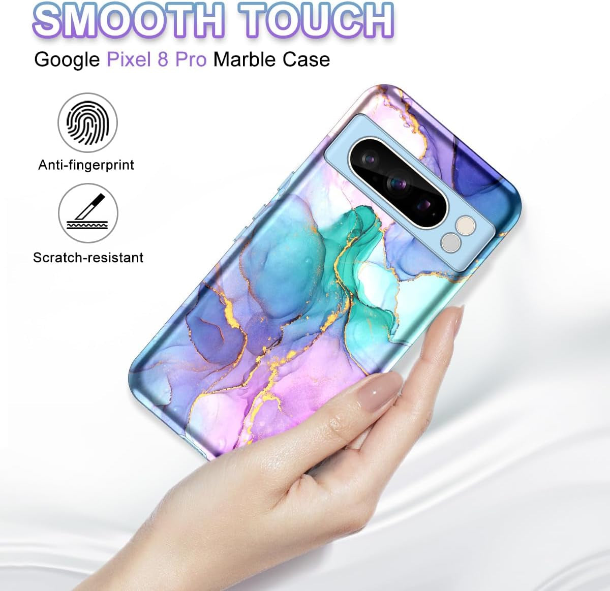 Btscase for Google Pixel 8 Pro Case (2023), Marble Pattern 3 in 1 Heavy Duty Shockproof Full Body Rugged Hard Pc+Soft Silicone Drop Protective Women Girl Cover for Google Pixel 8 Pro, Blue Pink  Btscase   