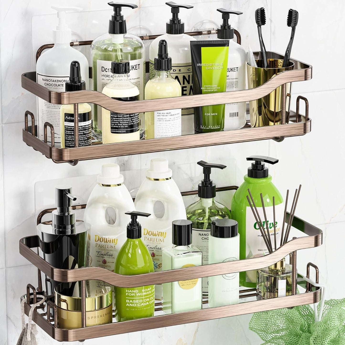 OMAIRA Shower Caddy, 2-Pack Adhesive Shower Organizer, No Drilling Rustproof 304 Stainless Steel Shower Shelves for inside Shower & Bathroom Organizer, Matte Black(X-Large)  OMAIRA 2 Pack Bronze-Xl  
