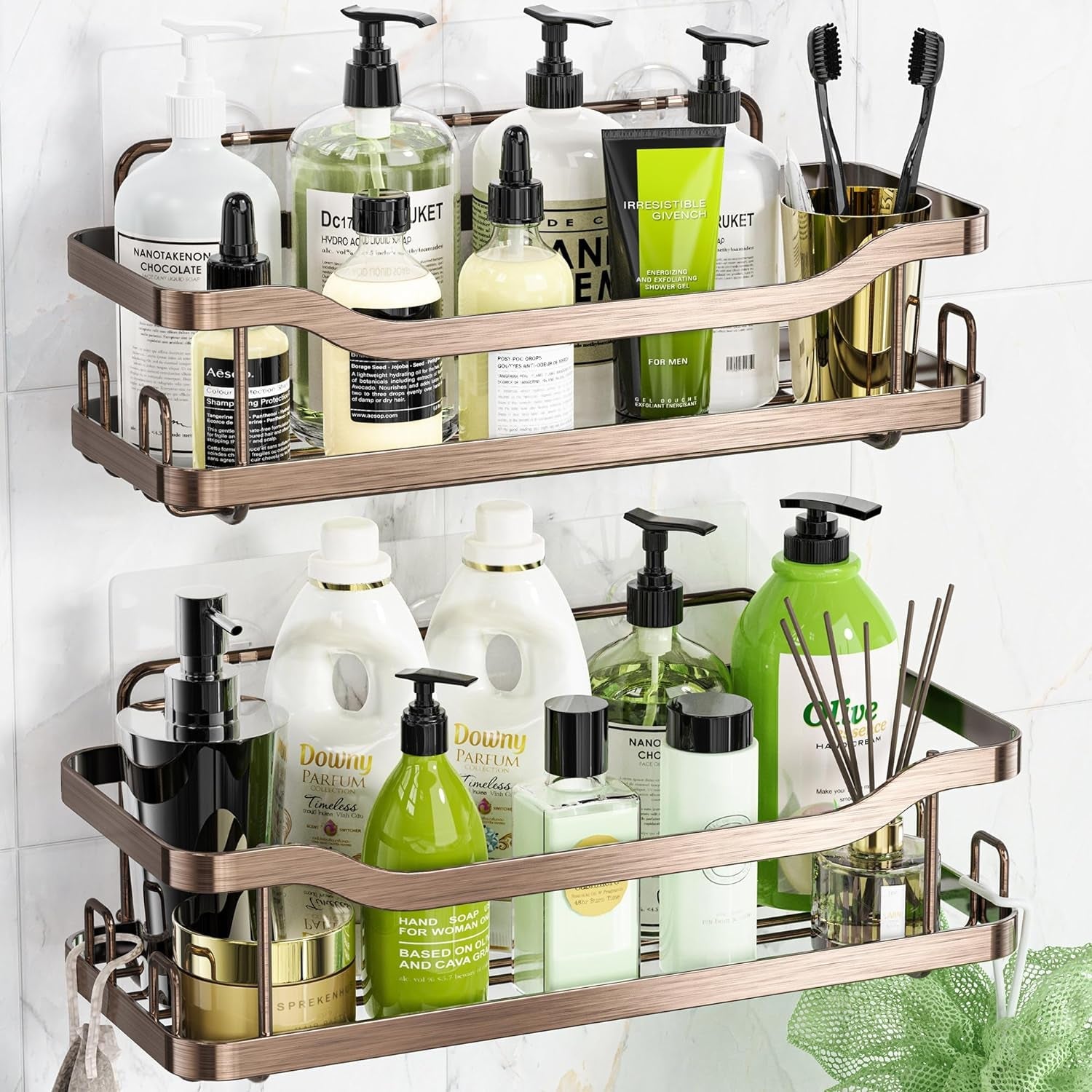 OMAIRA Shower Caddy, 2-Pack Adhesive Shower Organizer, No Drilling Rustproof 304 Stainless Steel Shower Shelves for inside Shower & Bathroom Organizer, Matte Black(X-Large)  OMAIRA 2 Pack Bronze-Xl  