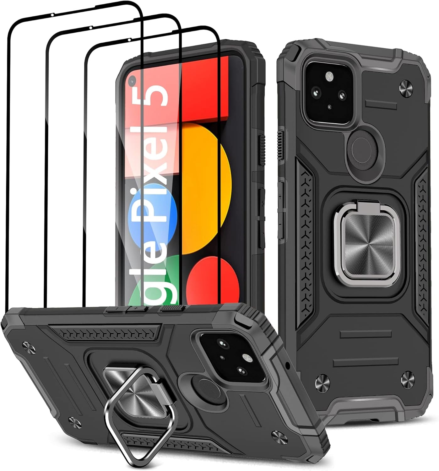 Google Pixel 5 Case Cover with [3 Pcs] Tempered Glass Screen Protector, Military-Grade Built in Magnetic Ring Kickstand Dual Layer Hybrid Shockproof Aromr Rugged Case for Google Pixel 5 - Green  ANOUKE Black  