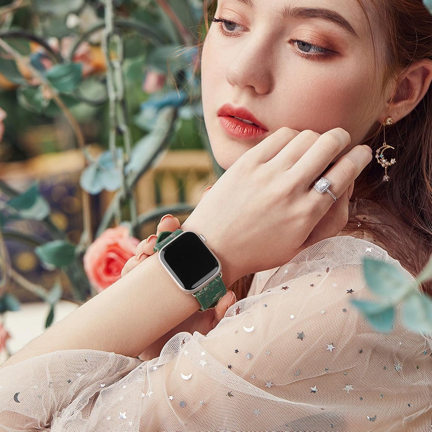 Bling Floral Bands for Apple Watch Band 40Mm 41Mm 44Mm 45Mm 38Mm 42Mm Ultra/2 49Mm Women,Eco-Leather Silicone Hybrid,Glitter Flower Sparkly Pattern Elegant Strap for Iwatch Series 9 8 7 6 5 4 3 2 SE