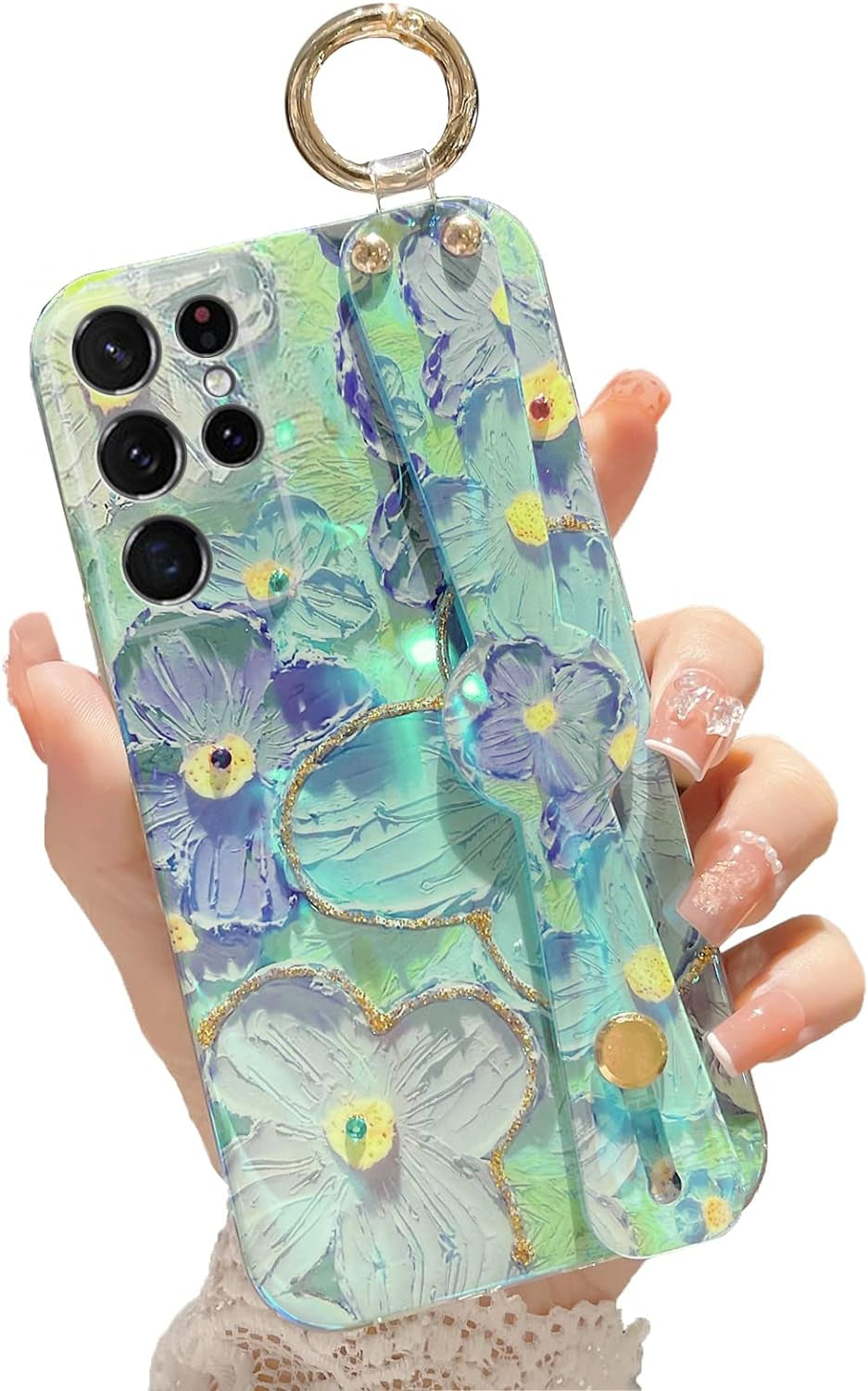 For S22 Phone Case, Galaxy S22 Case for Elegant Cute Flower Petals with Wrist Band Kickstand Ultra Slim IMD Soft TPU Shockproof Protection Holder Cover for Samsung S22