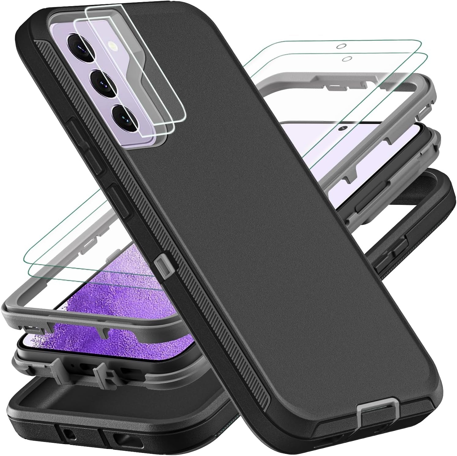 For Samsung Galaxy S22 Case, with 2Pcs [Self Healing Flexible TPU Screen Protector & Camera Lens Protector] Military Grade 3 in 1 Heavy Duty Case for Galaxy S22 5G 6.1 Inch (Purple/Pink)