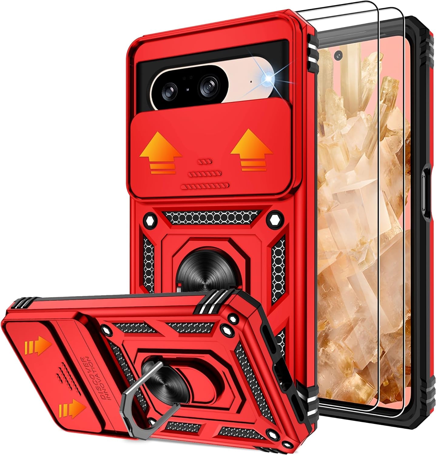 Fit for Google Pixel 8 5G Case with Screen Protector (2 Pack) & Slide Camera Cover, Build in 360° Magnetic Rotating Ring Kickstand [Military Grade] Protective Case for Pixel 8 Case, Green  Gritup Red Google Pixel 8 6.2" 