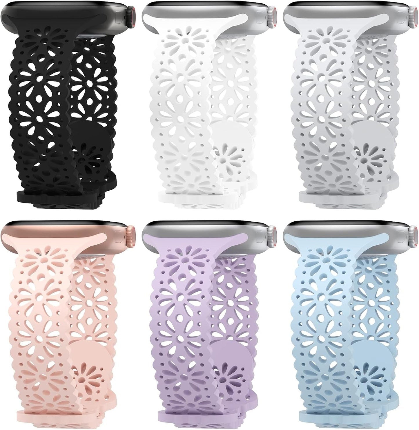 6 Pack Lace Hollow-Out Silicone Bands Compatible with Apple Watch 38Mm 40Mm 41Mm 42Mm 44Mm 45Mm 49Mm, Slim Thin Sport Strap Wristbands for Iwatch Ultra/Ultra 2 SE Series 9/8/7/6/5/4/3/2/1 Women Girls