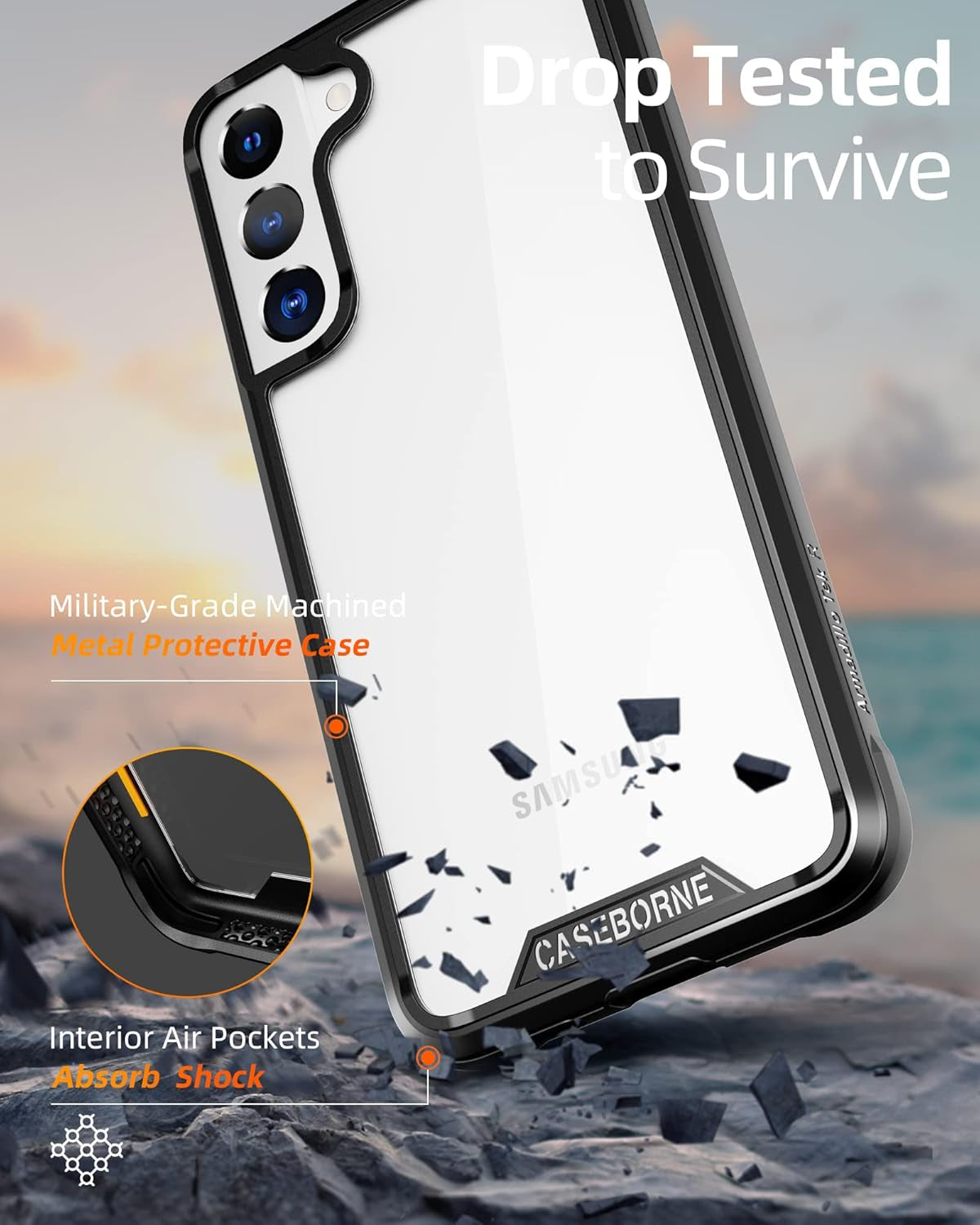 Caseborne R Compatible with Samsung Galaxy S22+Plus 5G Case - Shockproof Protective Clear, Military Grade 12Ft Drop Tested, Durable Aluminum Frame, Anti-Yellowing Technology - Black