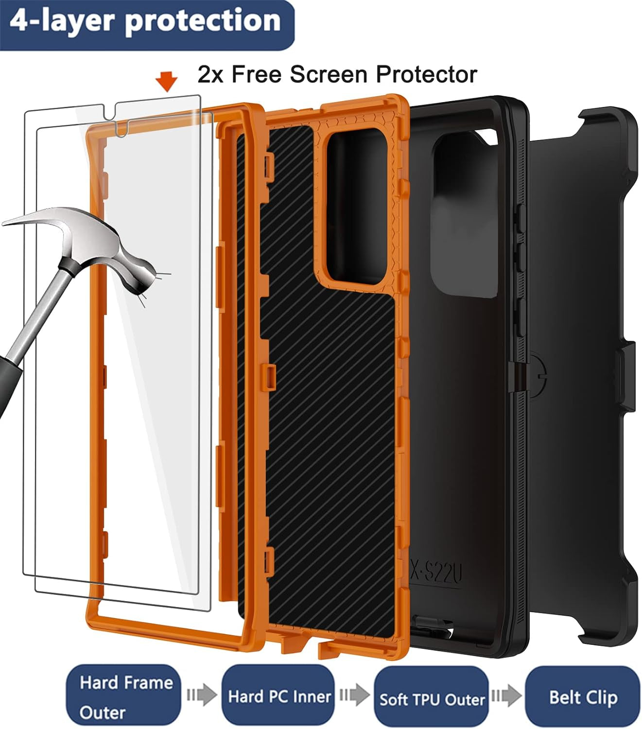 For Samsung Galaxy S22 Ultra Case with Belt Clip Holster, 2X Screen Protector, Military Grade Protection Heavy Duty Full Body Shockproof Rugged Protective Cover for Samsung S22 Ultra 5G (Orange)