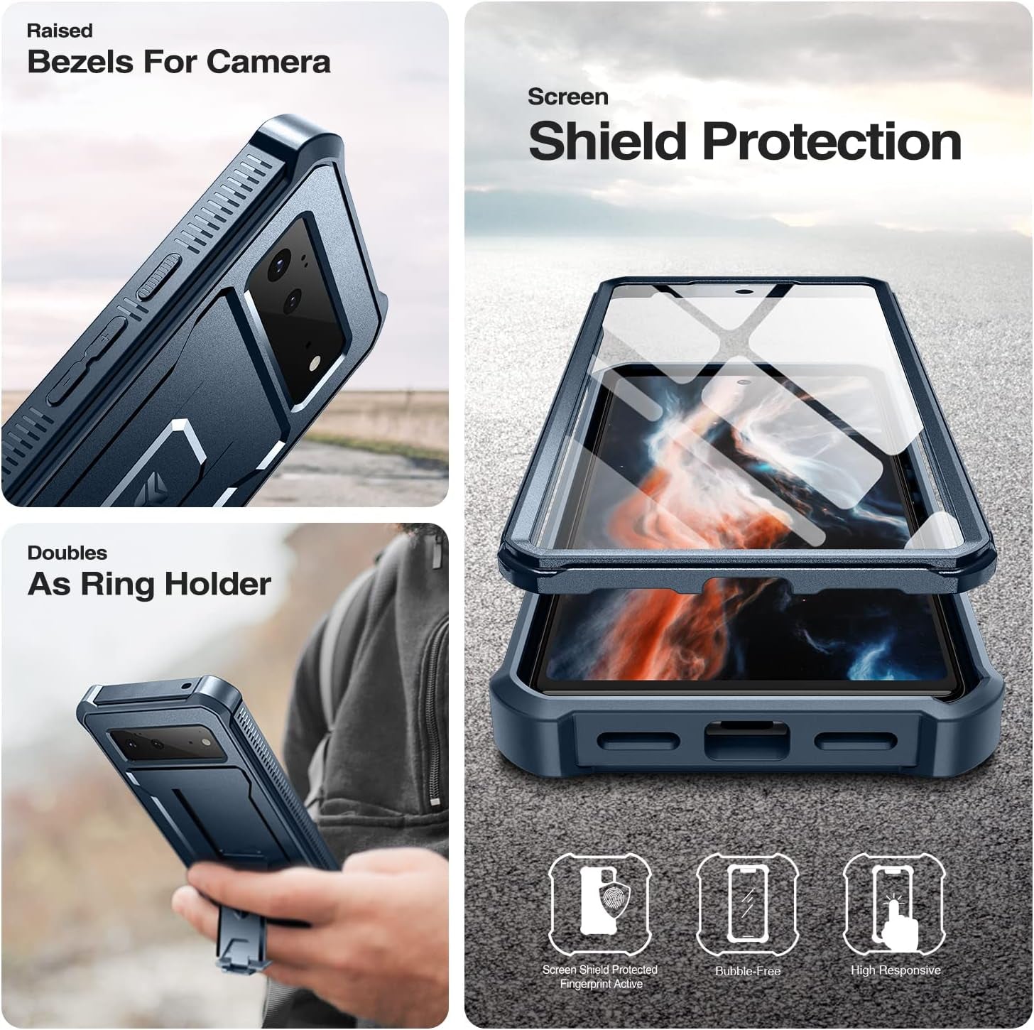 Dexnor for Google Pixel 6 Case, [Built in Screen Protector and Kickstand] Heavy Duty Military Grade Protection Shockproof Protective Cover for Google Pixel 6 5G (Navy Blue)  Dexnor   