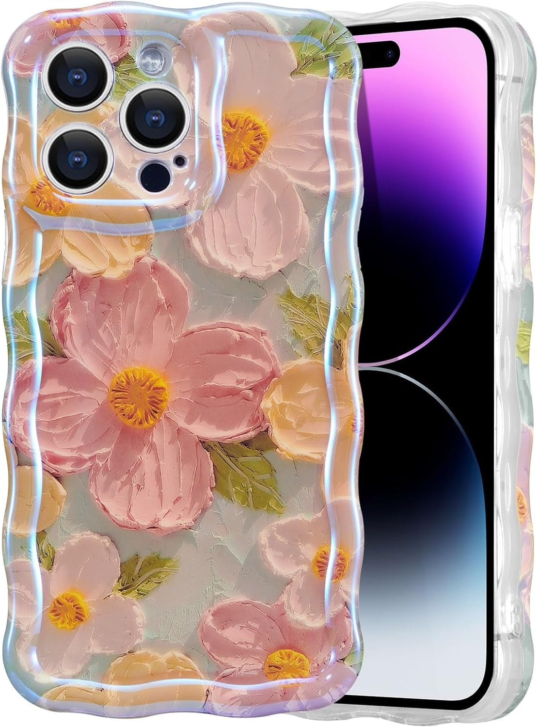 EYZUTAK Case for Iphone 14 Pro, Colorful Retro Oil Painting Flower Leaf Laser Glossy Pattern Cute Curly Wave Edge Exquisite Phone Cover Stylish Durable TPU Protective Case for Girls Women - Blue Green  EYZUTAK Green Iphone 14 Pro 