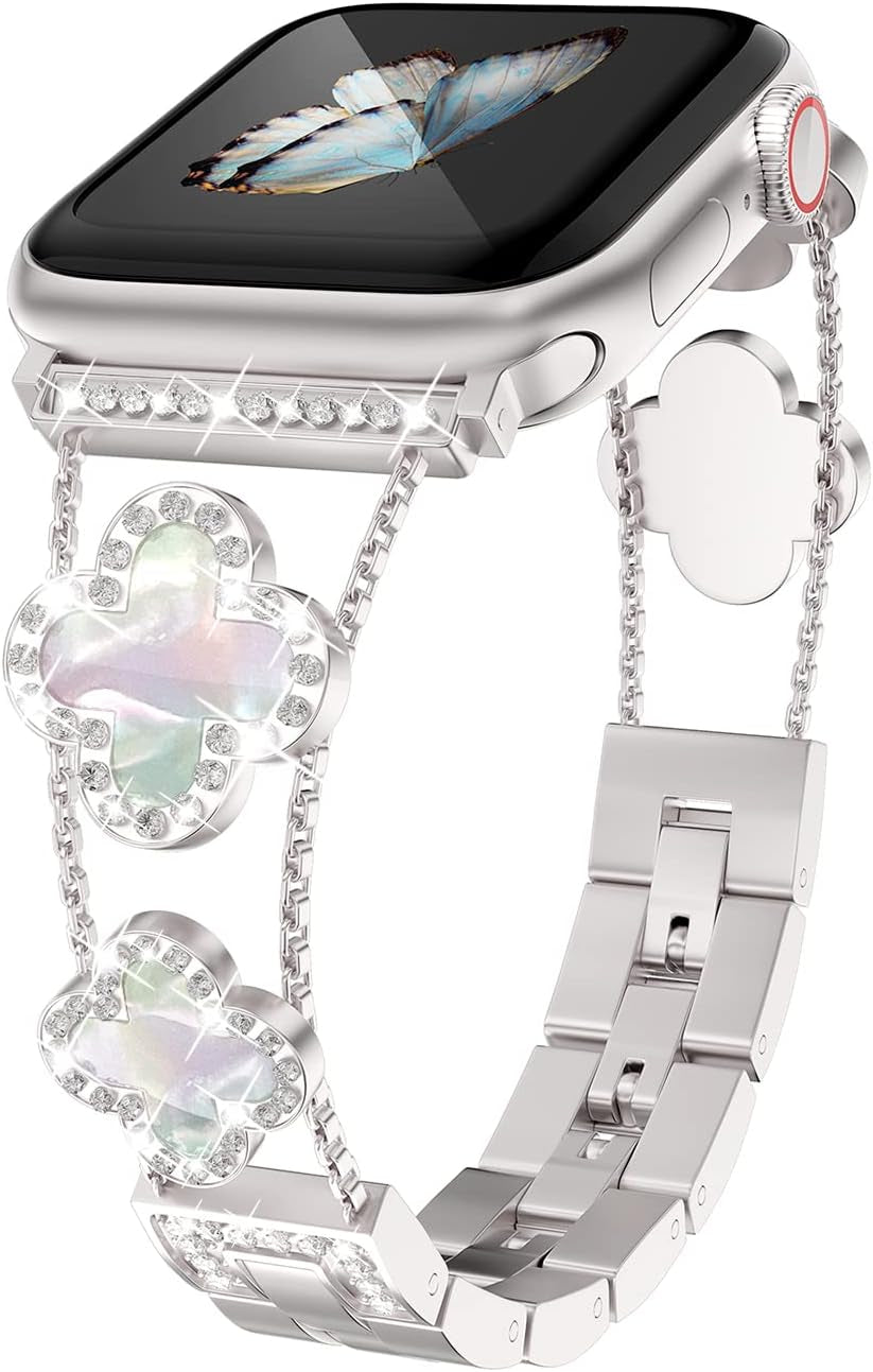 Diamond Metal Band Adds Sparkle to Your Watch - Compatible with Apple Watch Series 8/7/6/5/4/3/2/1Se/Ultra - Clover Is Simple and Stylish, Fits Women'S Sizes 38Mm 40Mm 41Mm 42Mm 44Mm 45Mm 49Mm.(Gold/Black, 42Mm/44Mm/45Mm)