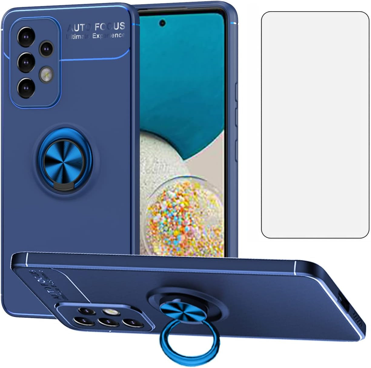 Asuwish Phone Case for Samsung Galaxy A53 5G 2022 with Tempered Glass Screen Protector Cover and Ring Holder Stand Slim Protective Cell Accessories Gaxaly A53 G5 Galaxies 53A SM A536U Women Men Blue