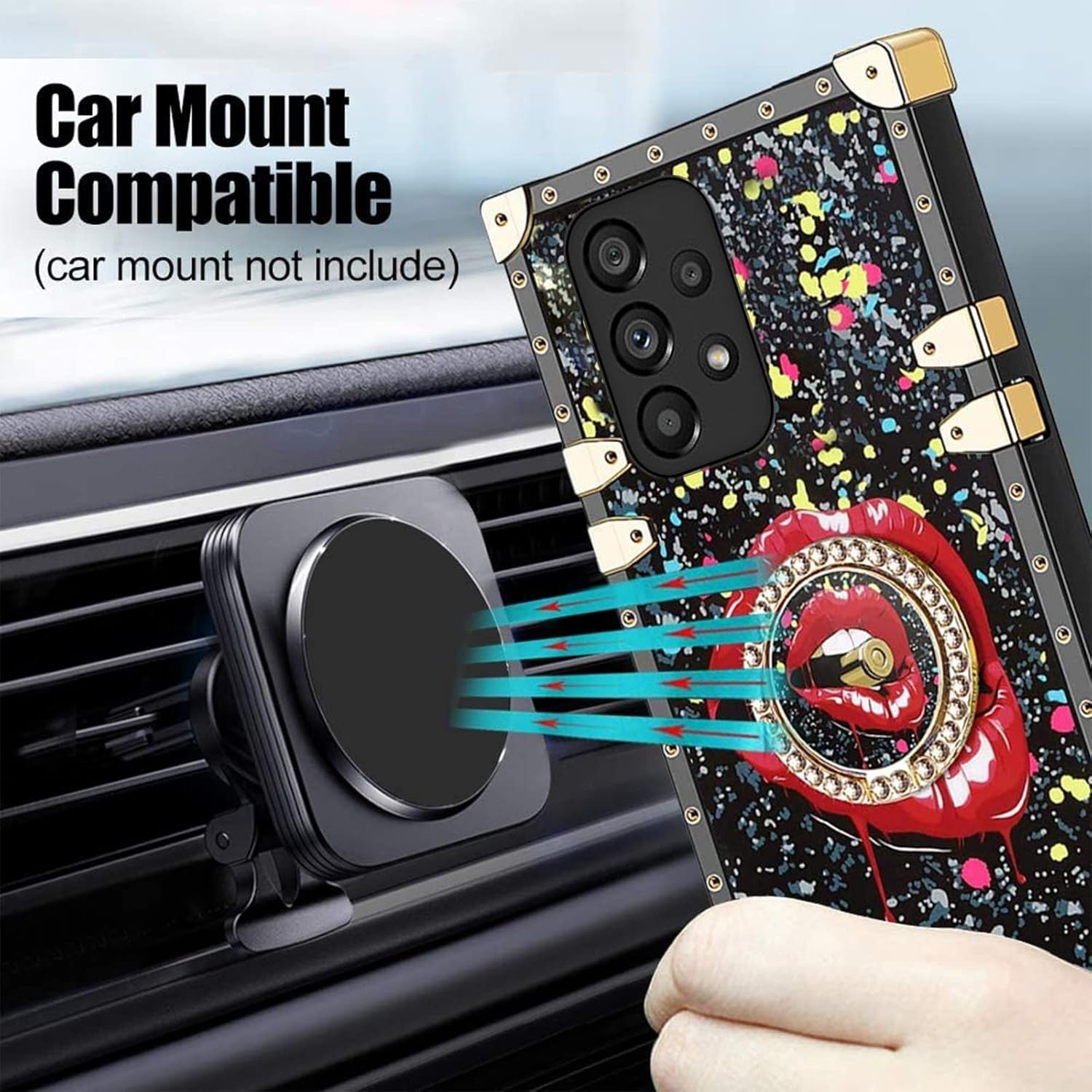 For A53 5G Case, Samsung A53 Case Square Rivet for Girls Women Crystal Shockproof Protection with Kickstand Cute Lanyard Square Retro Elegant Slim Soft Tpu Cover for Galaxy A53 5G(Black Lips)