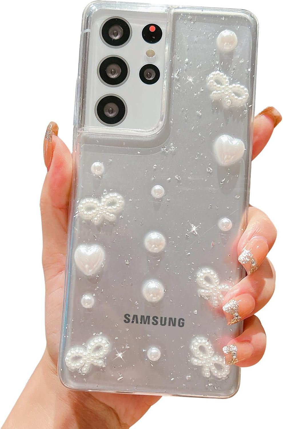 For Samsung Galaxy S21 Ultra Clear Case Cute 3D Pearl Bow Knots Heart with Design Aesthetic Women Phone Case for Girls, Glitter Sparkle Back Shockproof Soft TPU Bumper Cover