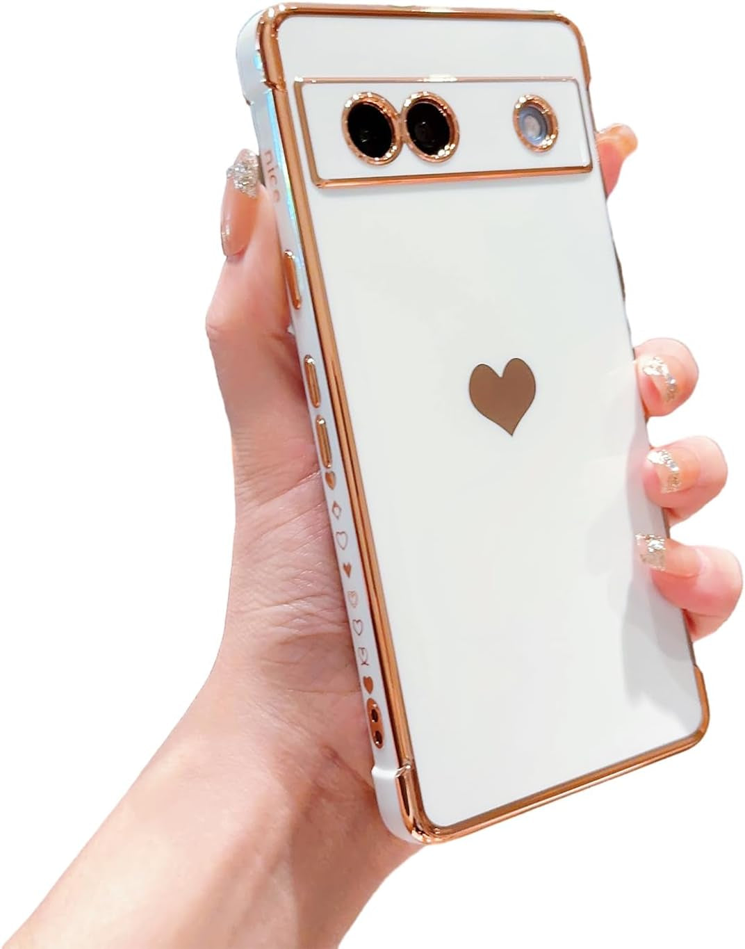 Phylla Compatible with Google Pixel 7A 6.1” 5G Phone Case Luxury Plating Cute Love Heart Side Small Pattern Case Full Camera Protection Soft Silicone Shockproof Bumper Cover (Blue)  PHYLLA White  