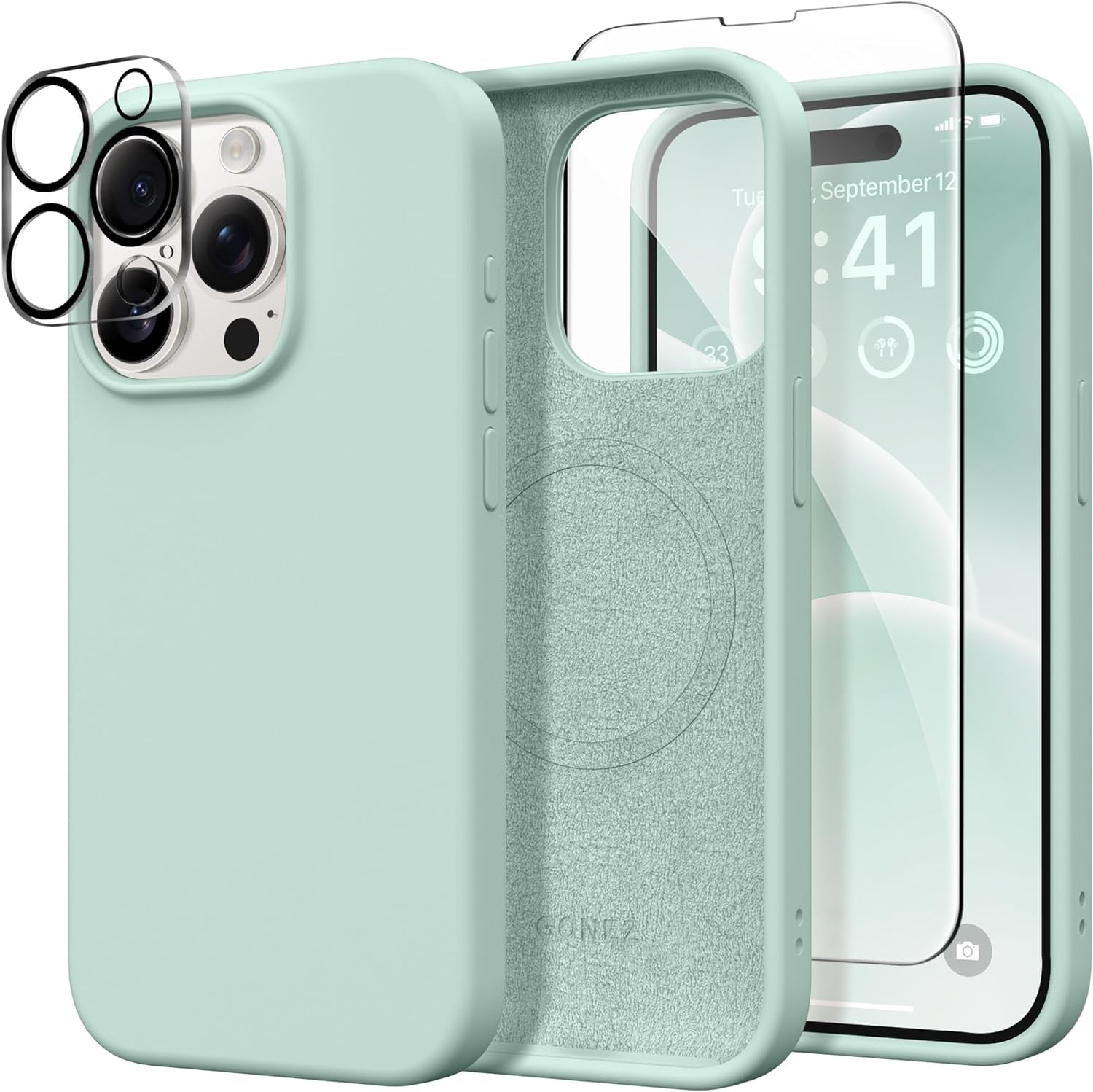 GONEZ for Iphone 15 Pro Case Compatible with Magsafe, [2X Screen Protector + 2X Camera Lens Protector], Soft Silicone Shockproof Anti-Scratch Full Body Protective Phone Case 6.1" 2023, Dark Grey  GONEZ Mint Green  
