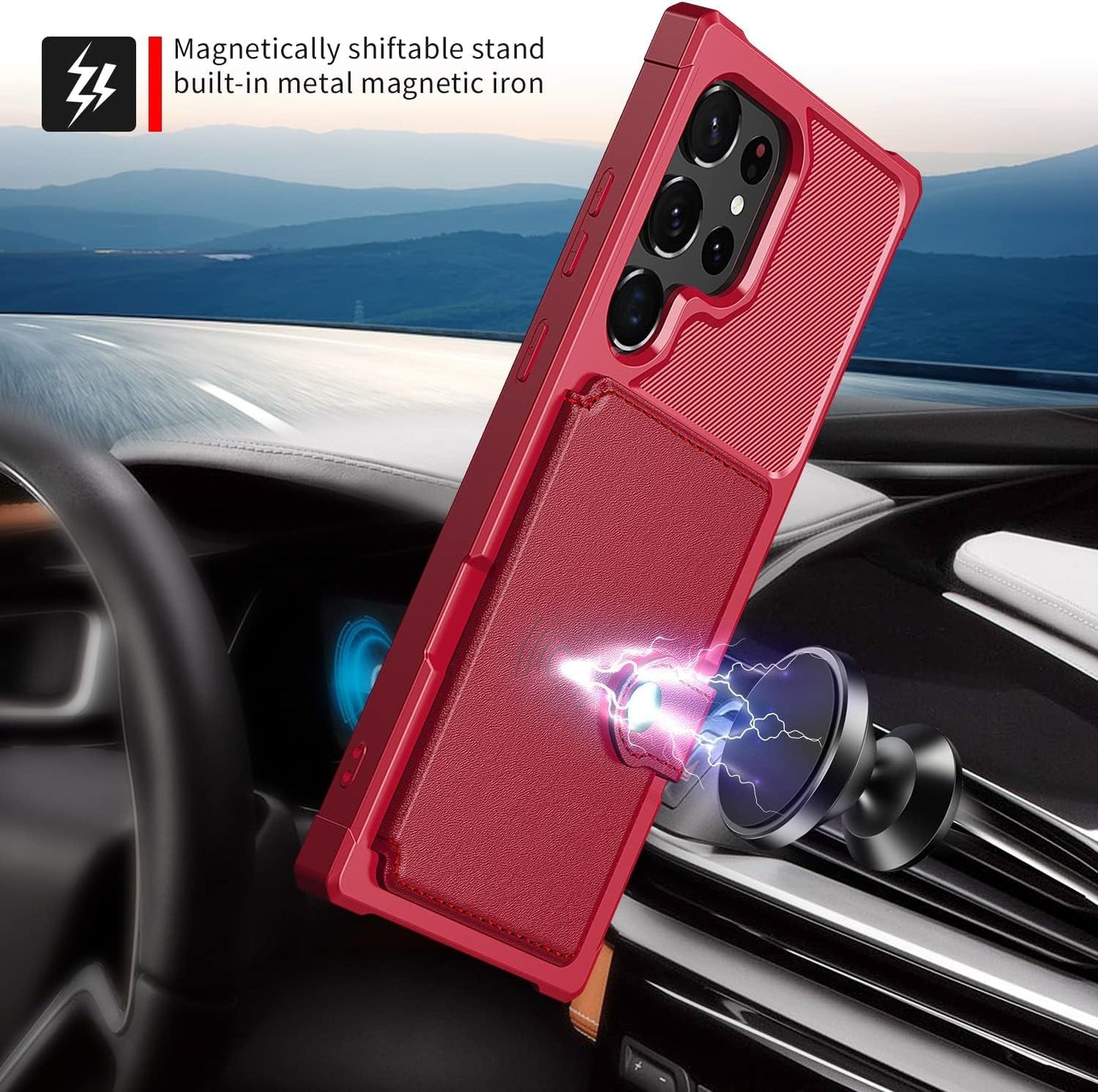For Samsung Galaxy S22 Ultra Case with Card Holder, Compatible with Magnetic Car Mount, Heavy Duty Shockproof Rugged Soft TPU Back Leather Flip Wallet Cover 6.8 Inch, Red
