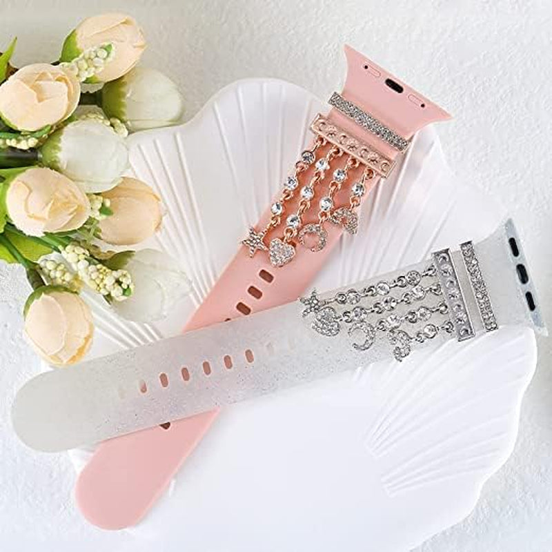 Decorative Rings Loops Compatible with Apple Watch Silicone Bands Metal Diamond Charms 45Mm 44Mm 42Mm 41Mm 40Mm 38Mm Iwatch Series 8 7 6 5 4 3 2 1 Accessories, Silver-Night Sky, Adjustable