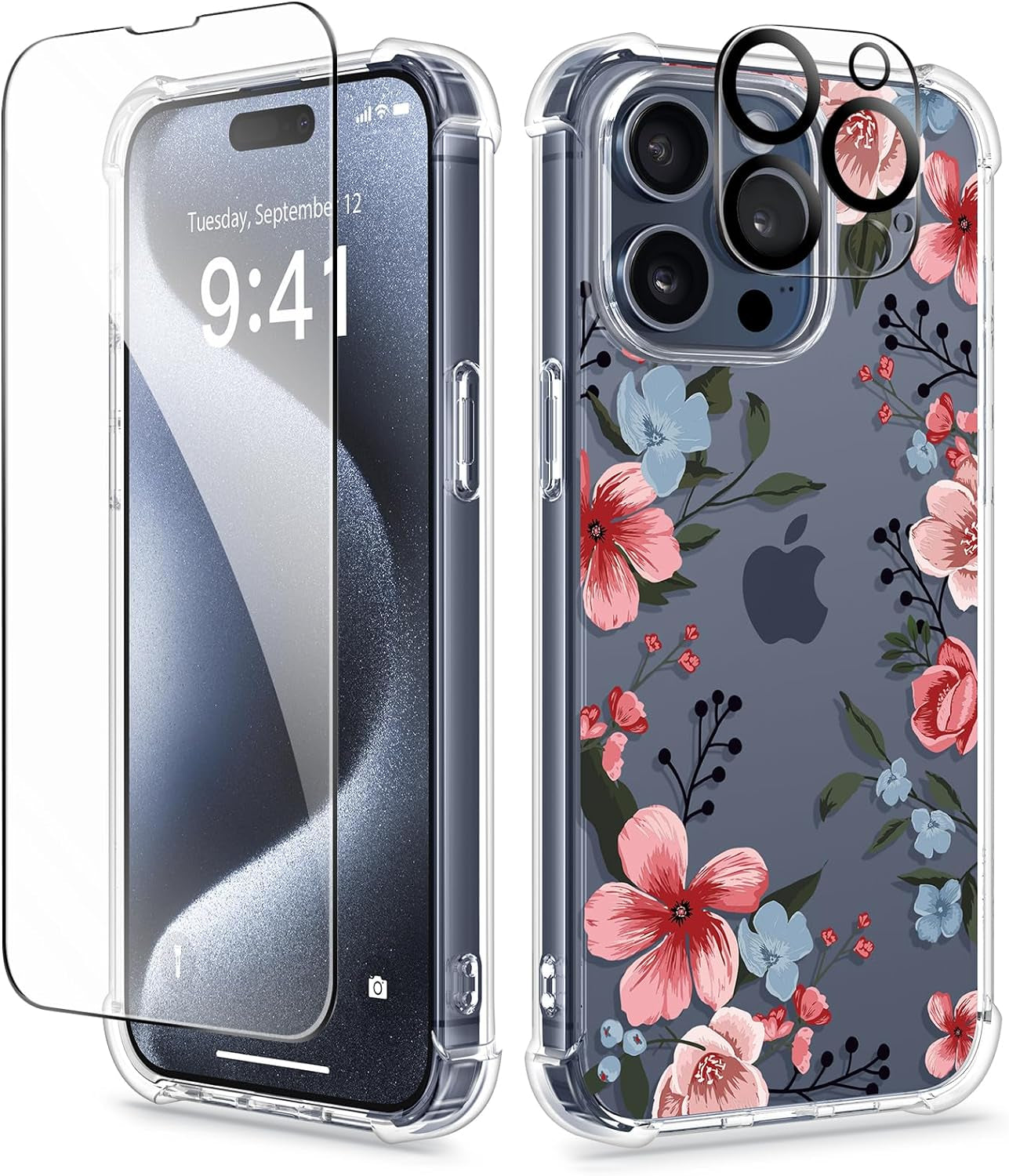 GVIEWIN for Iphone 15 Pro Case Floral, with Screen Protector+Camera Lens Protector, [Not Yellowing] Slim Shockproof Clear Phone Protective Cover for Women, Flower Pattern Design (Ranunculus/Pink)  GVIEWIN Catharanthus/Pink  