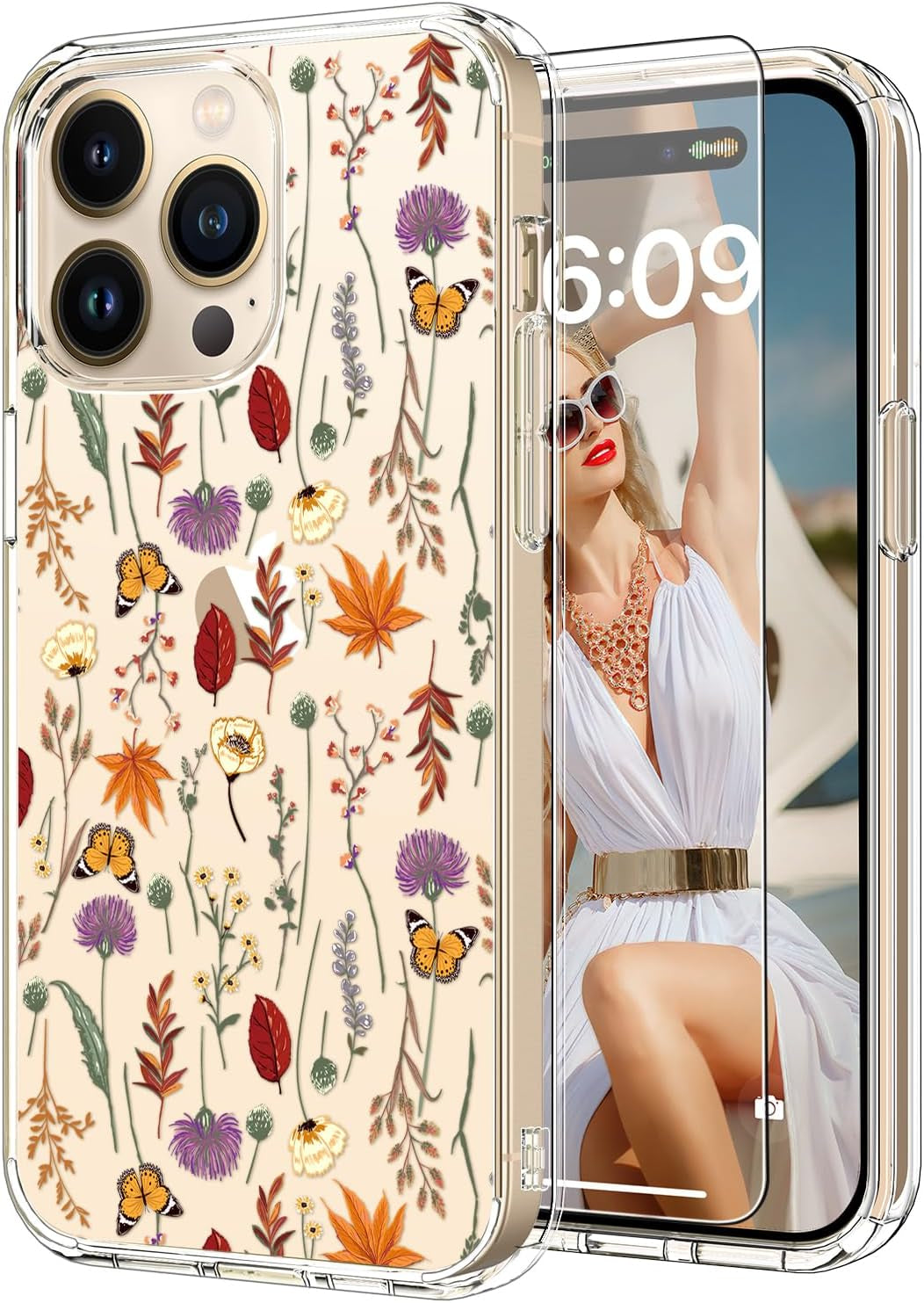 ICEDIO for Iphone 15 Pro Case with Screen Protector-Clear with Fashionable Trendy Patterns-Designed for Girls Women-Slim Fit Cover-Protective Phone Case 6.1" Cute Blooming Pink Floral  ICEDIO Orange Purple Floral  