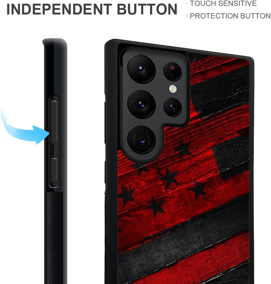 DJSOK Case Compatible with Samsung Galaxy S22 plus Case, Black Red Wood Grain American Flag Pattern Design Pattern Back+Soft Silicone Protective Case