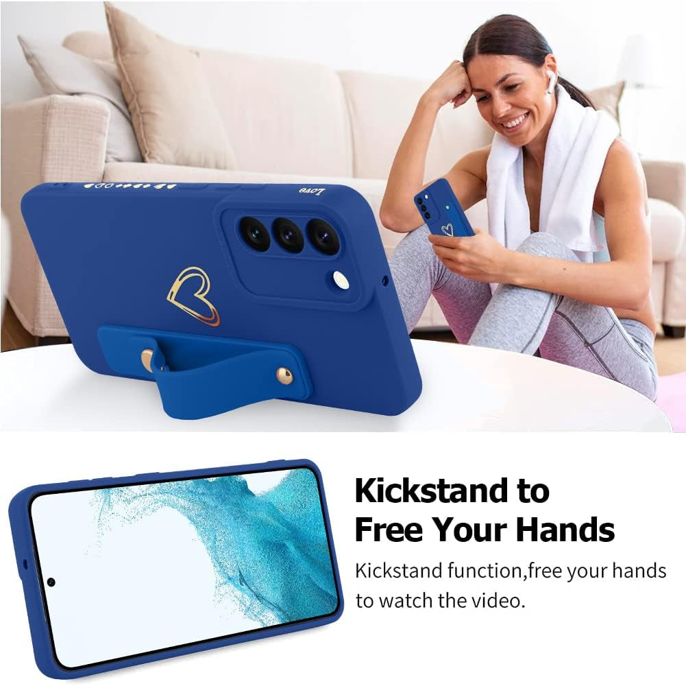 Fiyart Designed for Galaxy S22 plus 5G Case with Phone Stand Holder Cute Love Hearts Pattern Slim Protective Camera Protection Cover with Wrist Strap for Women Girls for S22 plus 5G 6.6"-Dark Blue