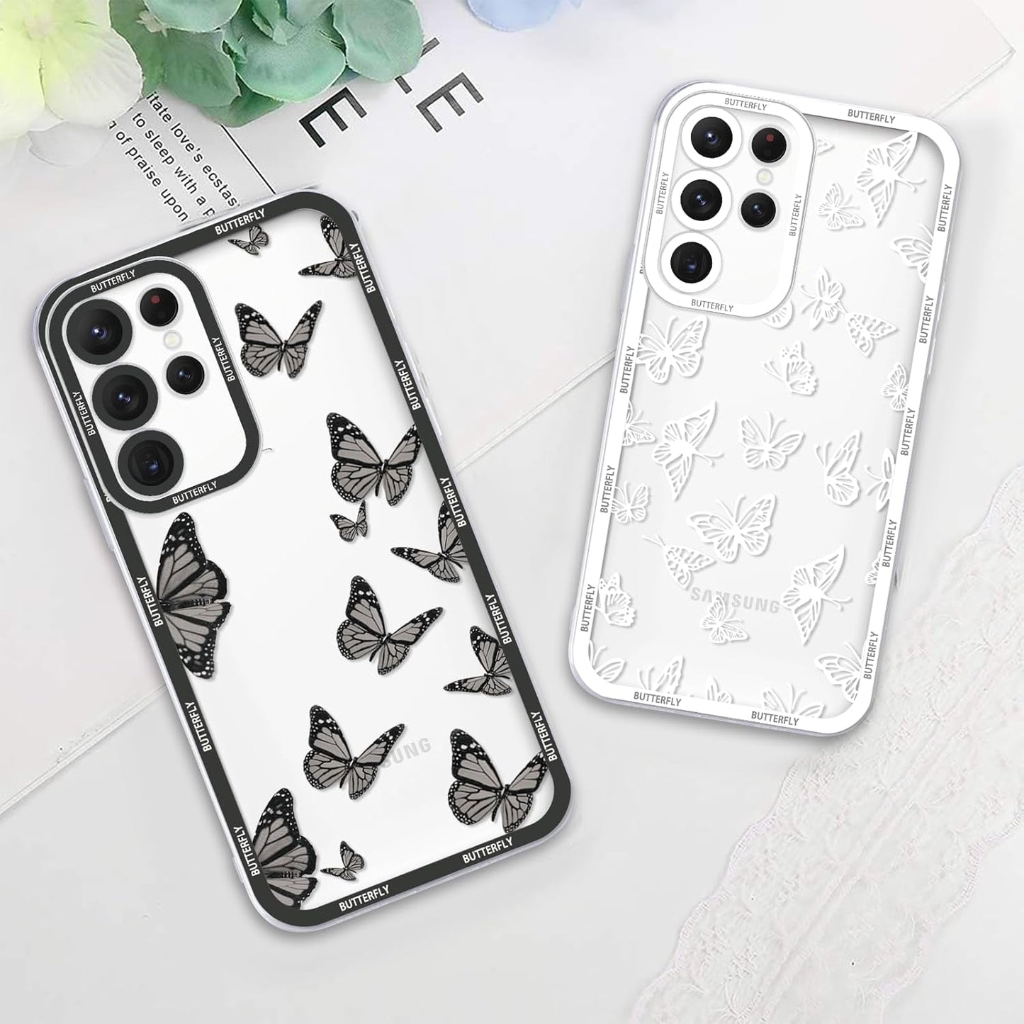 2 Pack Cute Clear Print for Samsung Galaxy A53 5G 6.5" Phone Case, Butterfly Aesthetic Transparent Cases Soft Silicone Slim TPU Shockproof Protective Cover for Women Girls-Butterflies