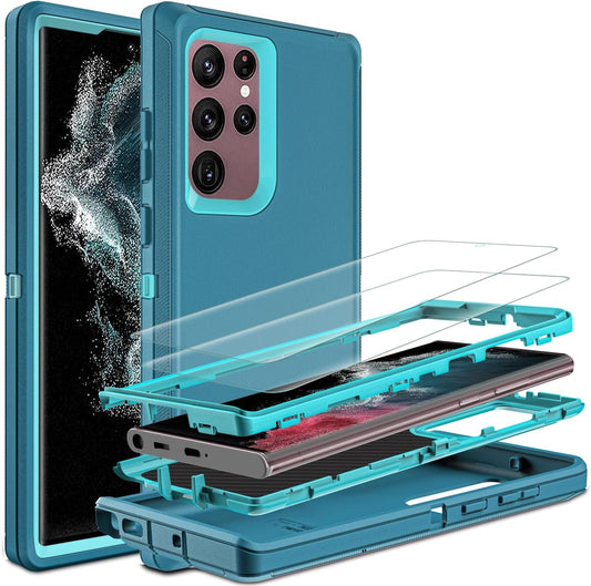 For Samsung Galaxy S22 Ultra Case, S22 Ultra Case with Self Healing Flexible TPU Screen Protector [2 Pack], 3 in 1 Shockproof Heavy Duty Case for Samsung S22 Ultra 5G (Blue/Turquoise)