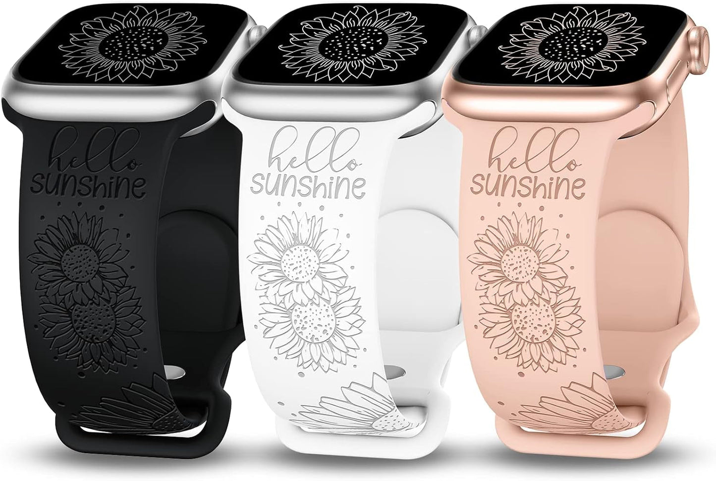 3 Packs Sunflower Engraved Bands Compatible with Apple Watch Bands 45Mm 44Mm 42Mm 49Mm Women Girls, Boho Floral Fancy Fashion Sport Silicone Flower Straps for Iwatch Series 9/Ultra/Se/8/7/6/5/4/3/2/1