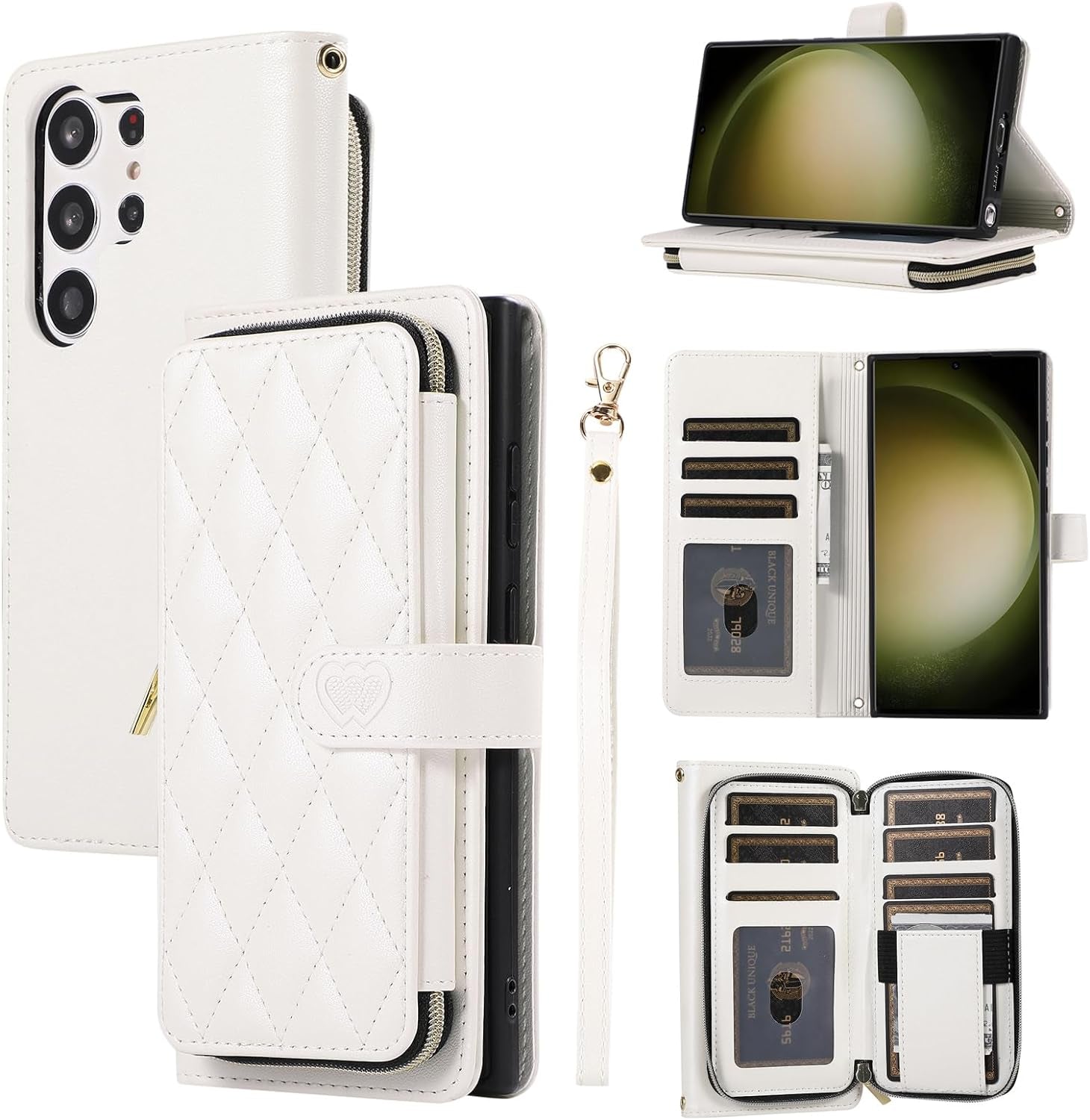 Furiet Wallet Case for Samsung Galaxy S22 Ultra 5G with Detachable Wrist Strap, 9+ Card Slots Zipper Purse, Luxury PU Leather Stand Full Body Phone Cover for S22Ultra 22S S 22 S22Ultra5G 6.8 Rose Gold