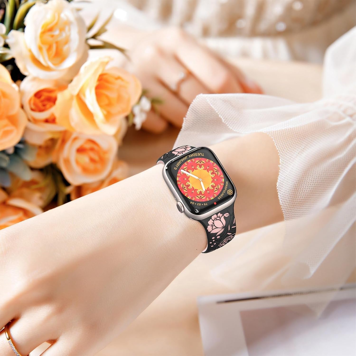 Floral Engraved Band Compatible with Apple Watch Bands 40Mm 44Mm 41Mm 45Mm 49Mm 38Mm 42Mm Women,Designer Cute Flower Pattern Soft Silicone Sport Strap for Iwatch Ultra SE Series 9 8 7 6 5 4 3 2 1