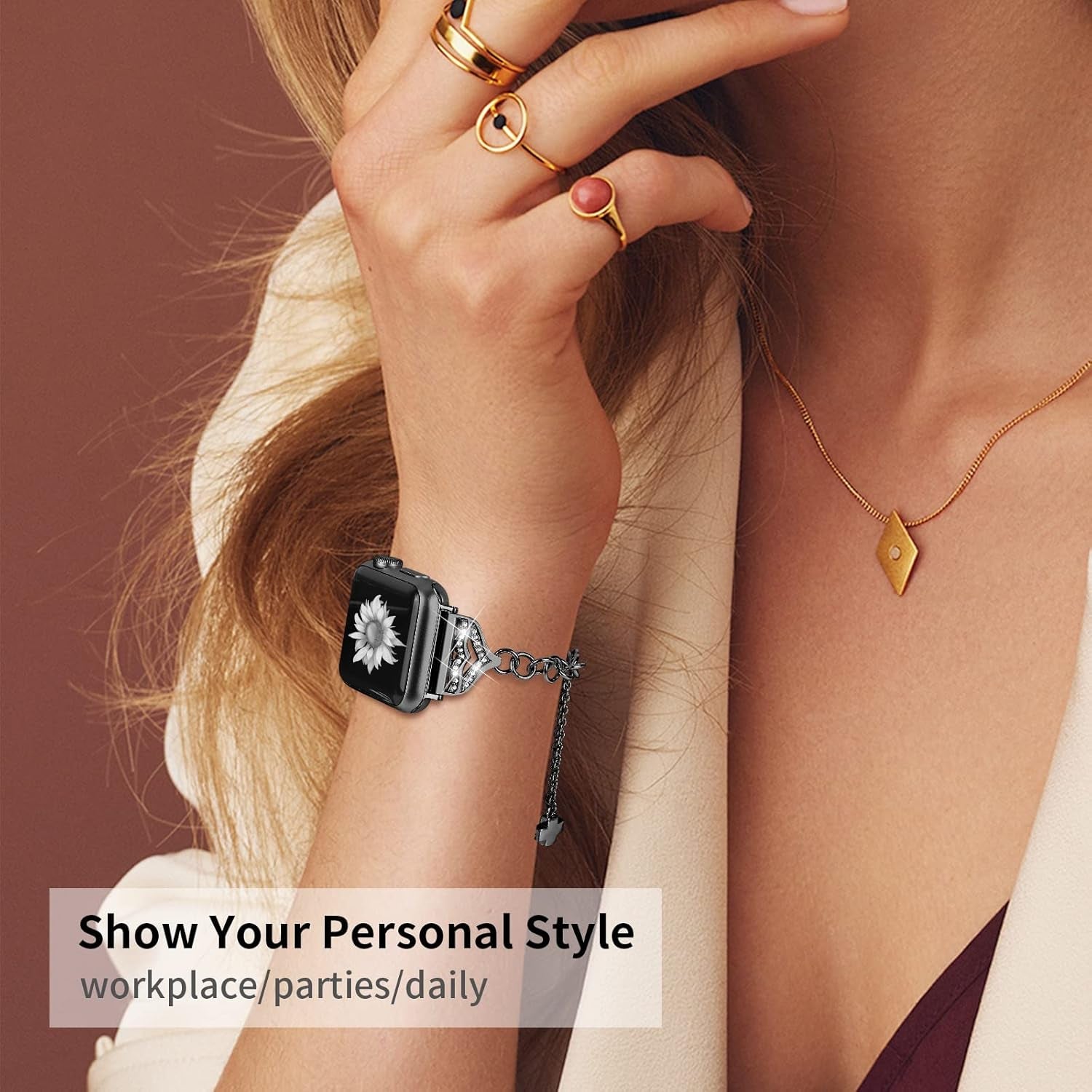 Bling Band Compatible with Apple Watch 49Mm 45Mm 44Mm 42Mm, Metal Jewelry Watch Strap for Ultra/Series SE 9 8 7 6 5 4 3 2 1 Interchangeable Charms Dressy Bracelet for Women (Black)