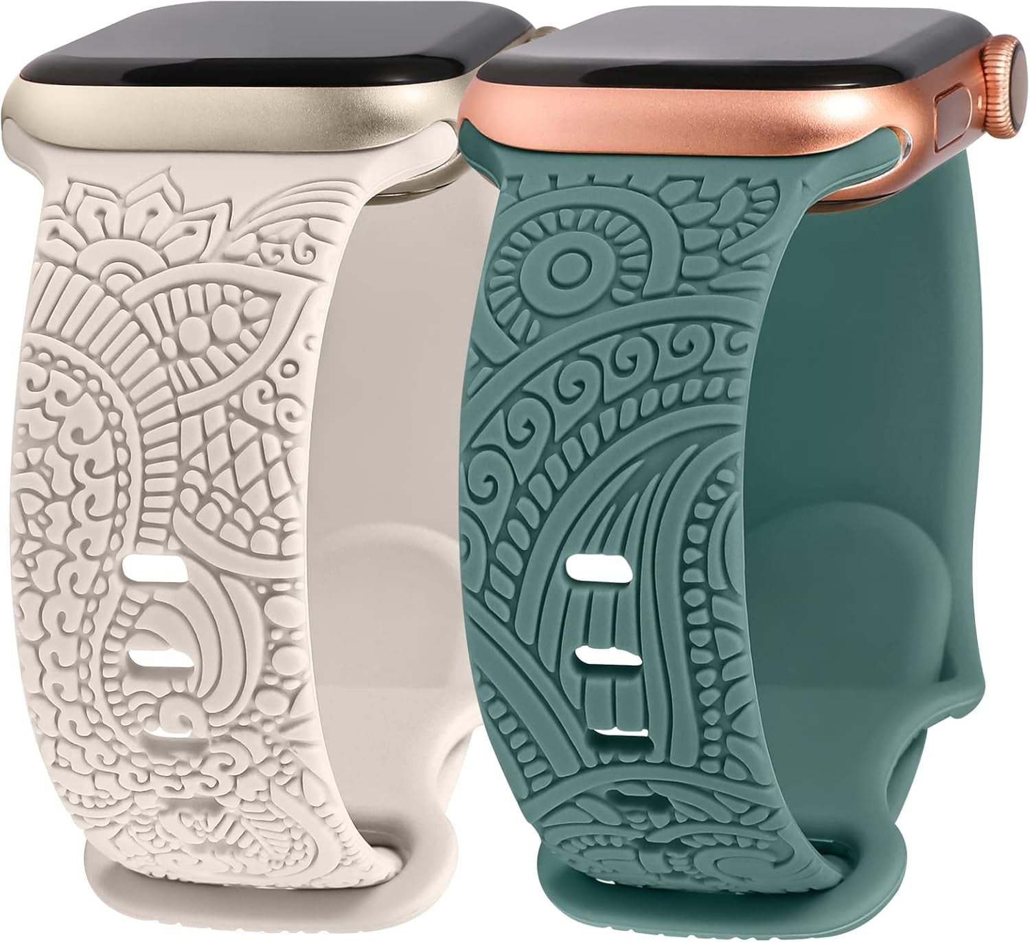 2 Packs Boho Engraved Bands Compatible with Apple Watch Bands 41Mm 40Mm 38Mm 45Mm 44Mm 42Mm 49Mm Women Girls Men, Silicone Sport Fancy Dressy Cute Strap for Iwatch Series 9/Ultra/Se/8/7/6/5/4/3/2/1