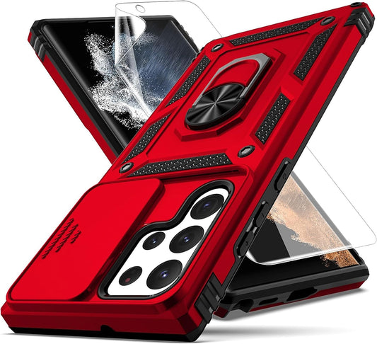 For Samsung Galaxy S22 Ultra Case,With Camera Lens Cover HD Screen Protector,[Military Grade] Ring Car Mount Kickstand Hybrid Hard PC Soft TPU Shockproof Protective Case for Galaxy S22 Ultra, Red
