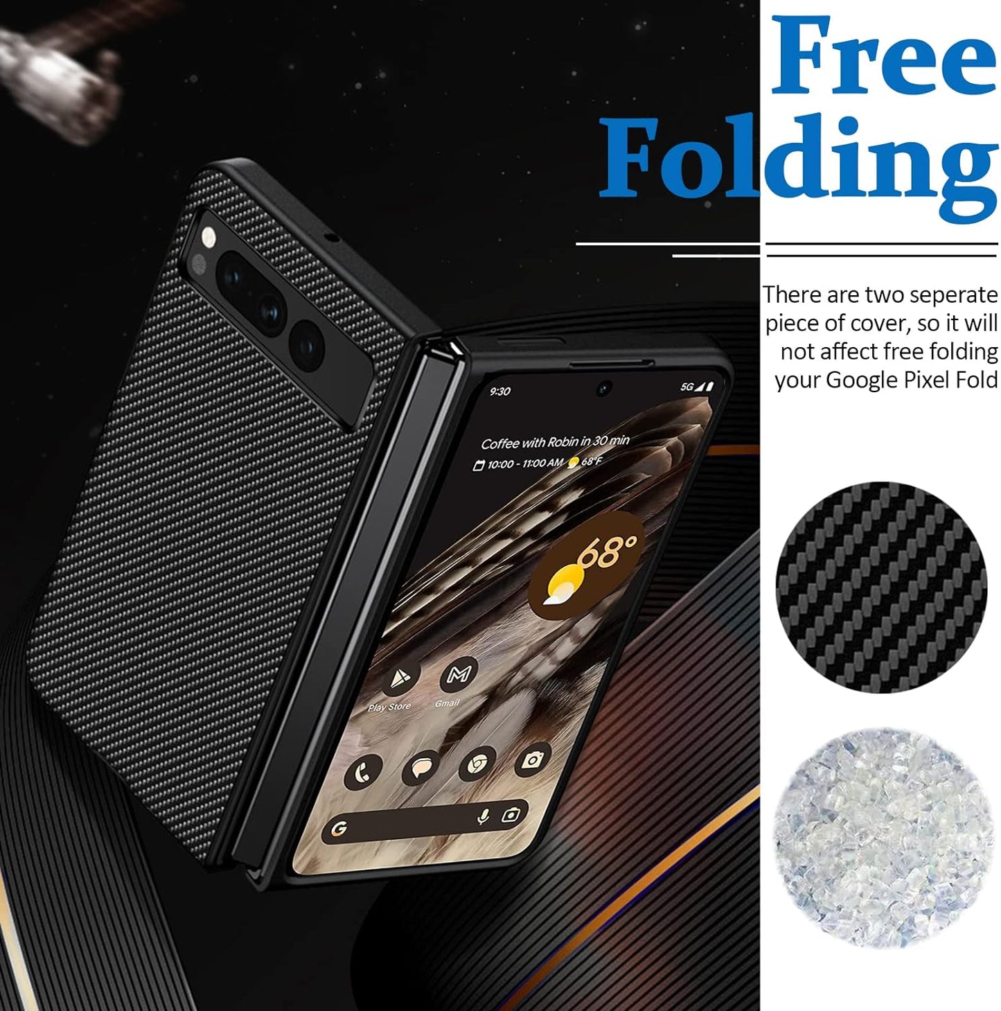 Miimall Compatible for Google Pixel Fold Case, PC + PU Carbon Fiber Pattern [Ultra-Thin Lightweight] [Anti-Fingerprint Heat Dissipation] Anti-Scratch Protector Bumper Case for Pixel Fold, 5G(Black)  Miimall   